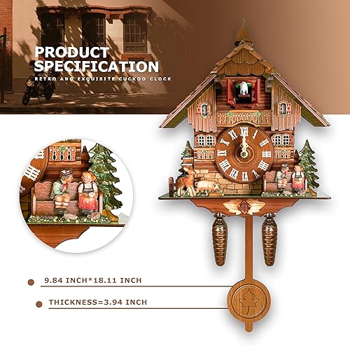 Miniatura 2 de STRONGBERRY Reloj de pared de cuco hecho a mano marrón con movimiento silencioso, con péndulo y función de timbre, diseño clásico de madera vintage,