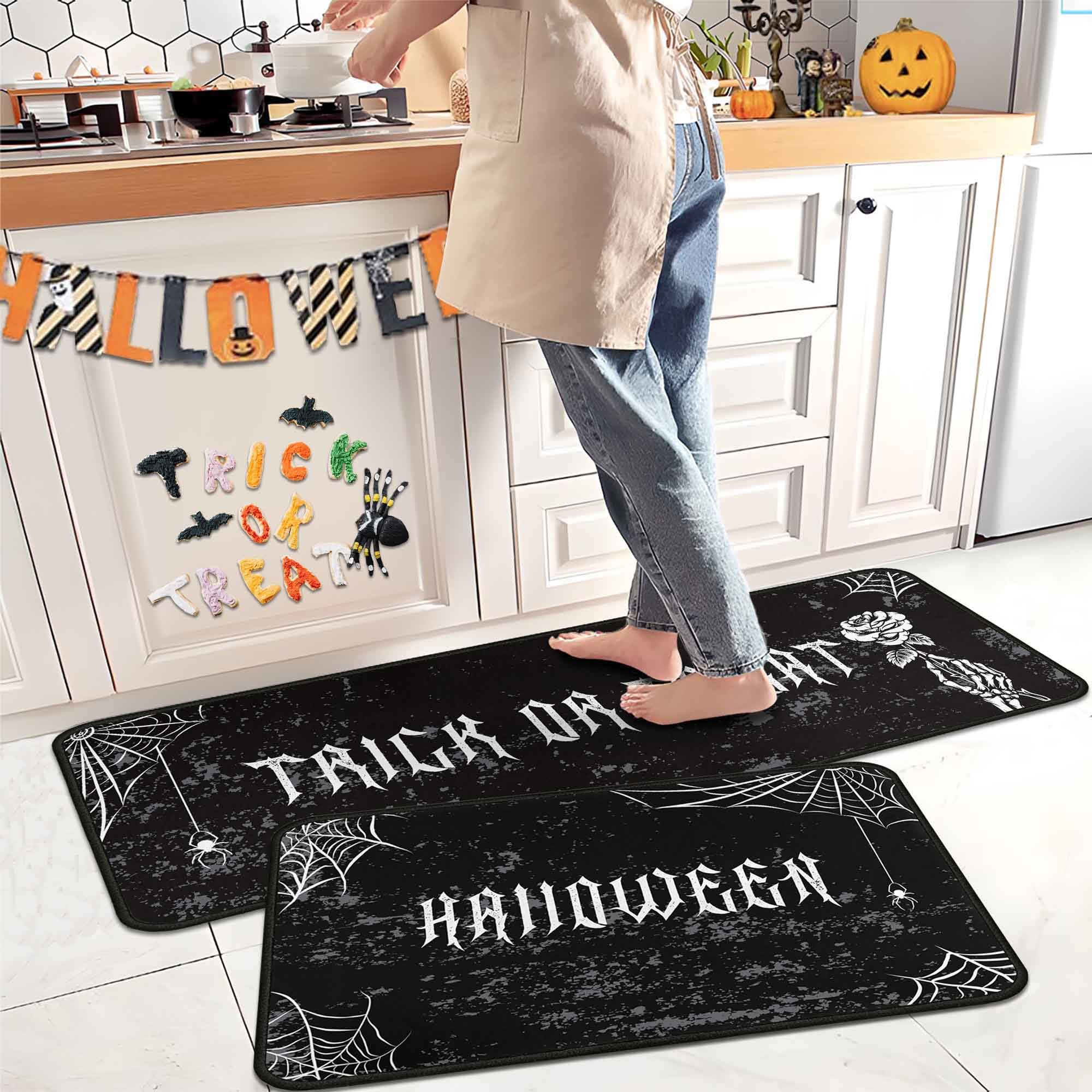 Halloweeen Kitchen Rugs and Mats Set of 2, Trick Or Treat Kitchen Mat,Spider Web Halloween Farmhouse Party Floor Mat for Home Kitchen Decorations 17" x47"+17"x30"
