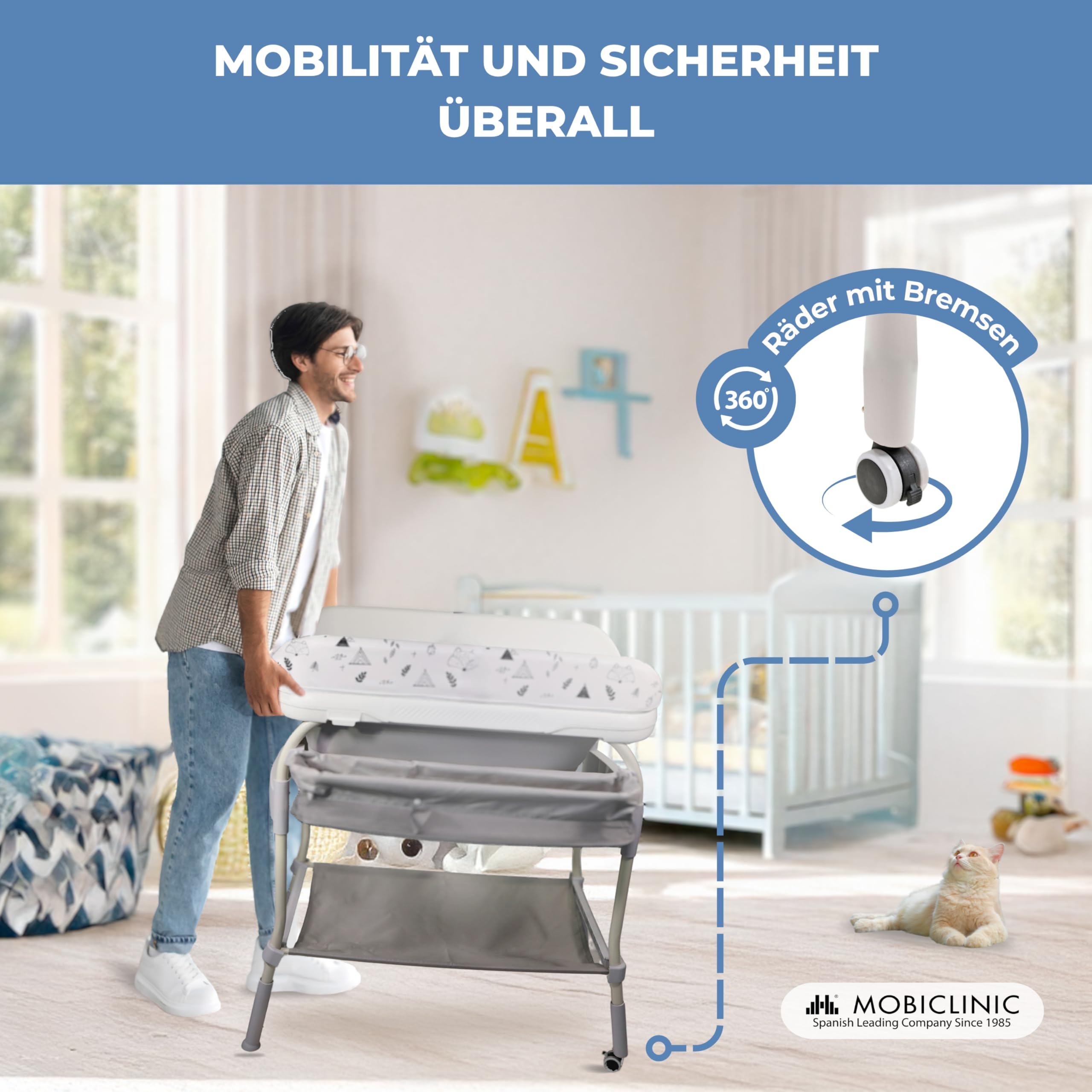 Mobiclinic® 2 in 1 Wickeltisch mit Badewanne, 4-fach höhenverstellbar, bis 50 kg, 0-36 Monate