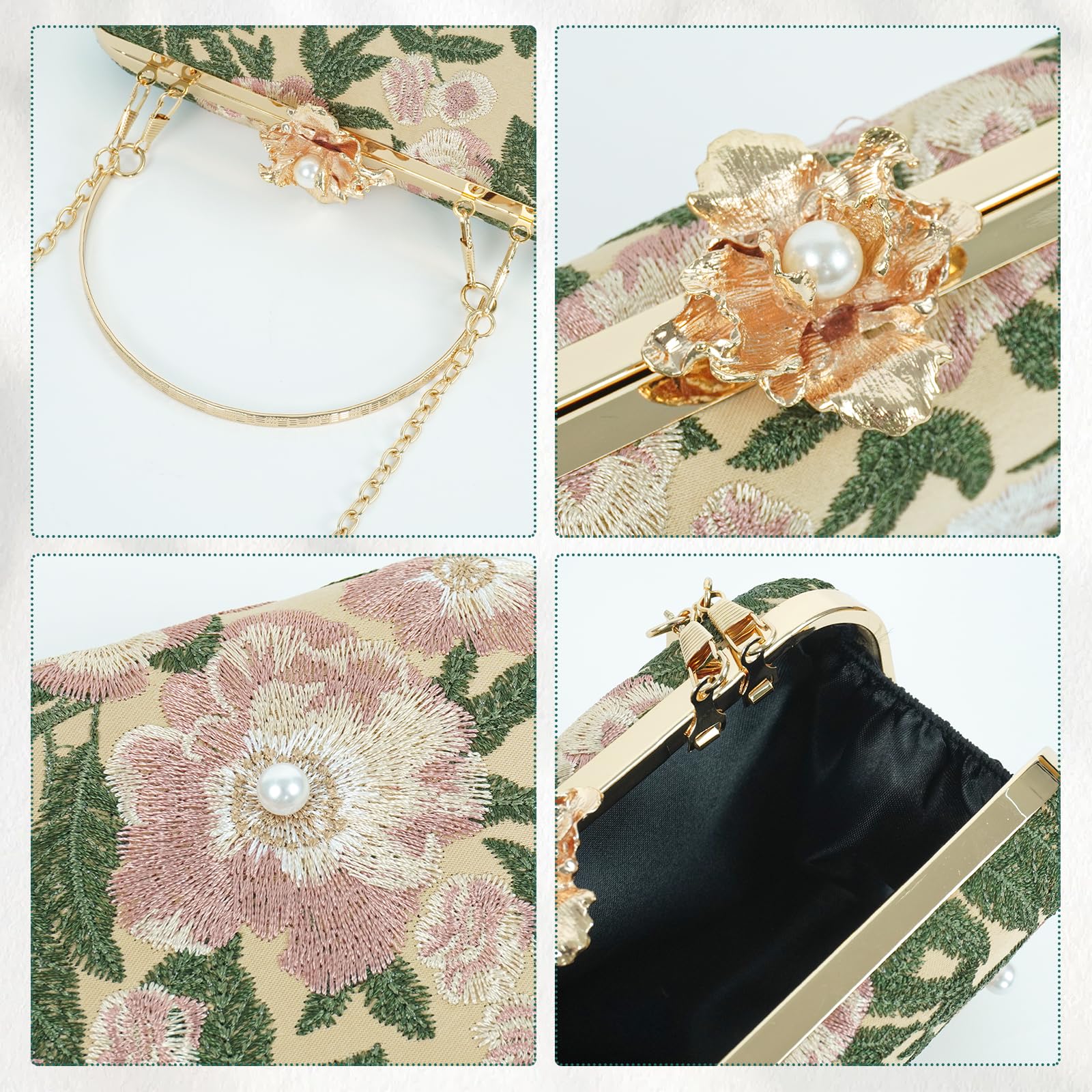 Bolso de Noche para Mujer, Bolso de Mano con Bordado Floral, Perla Clutch de Cóctel con Cadena, Bolso de Hombro Jacquard para Boda, Fiesta