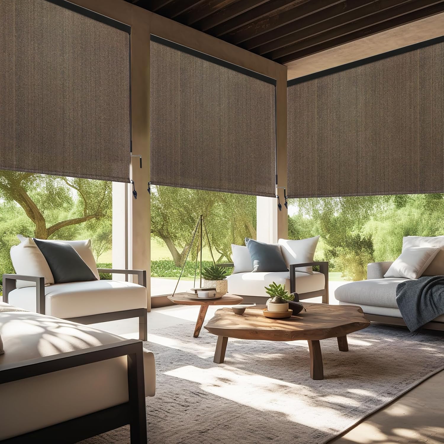 Amagenix Premium Outdoor Roller Shades 4'(W) x 8'(H), Exterior Cordless Patio Shades Roll up Outdoor Blinds for Porch Gazebo, Crank Operated with Aluminum Protective Valance, Mocha - Image 4