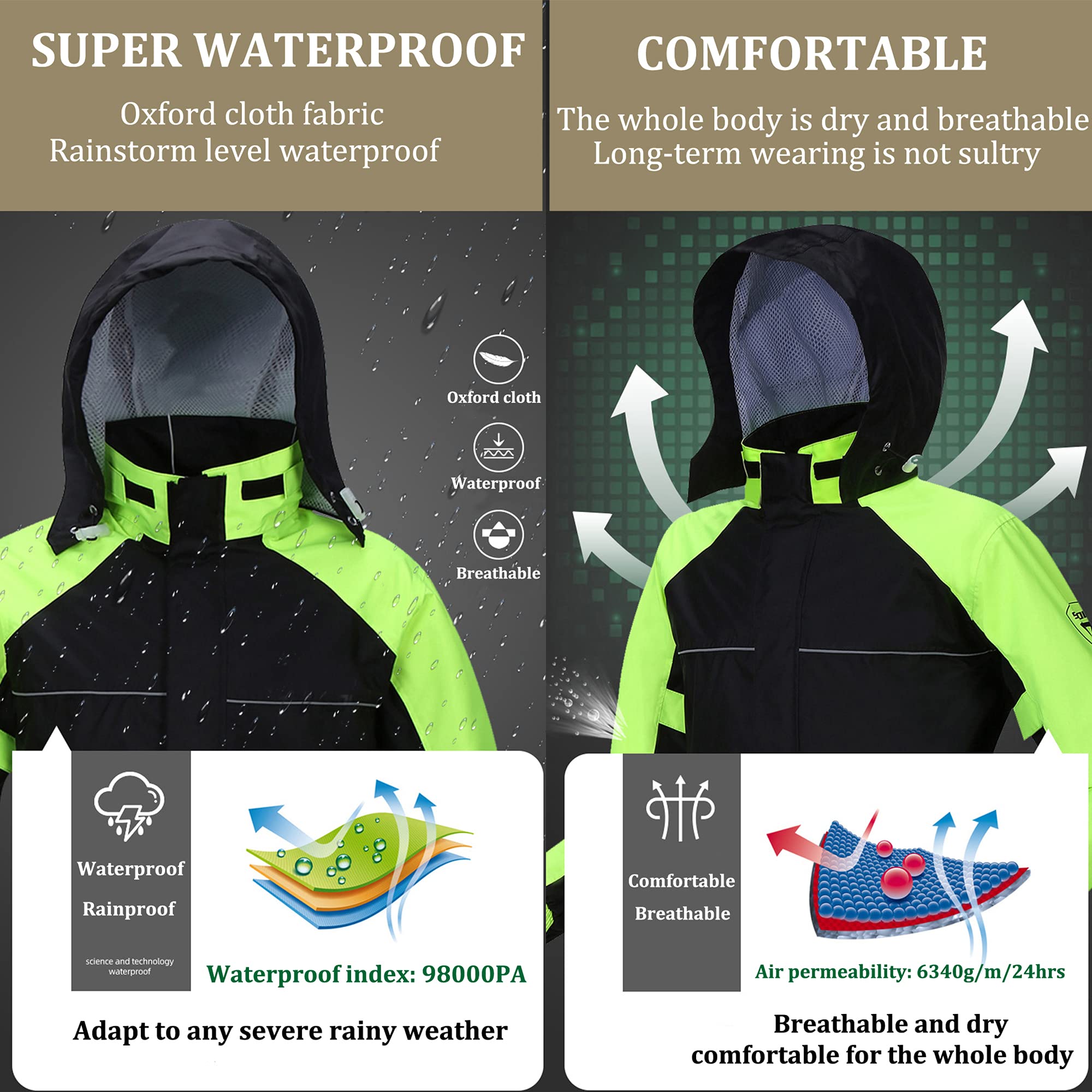 Manteau de Pluie Moto pour Hommes, Ensemble de Vêtements de Pluie Imperméables (Veste et Pantalon) avec Réflecteur Haute Visibilité pour la Pêche à Vélo en Moto