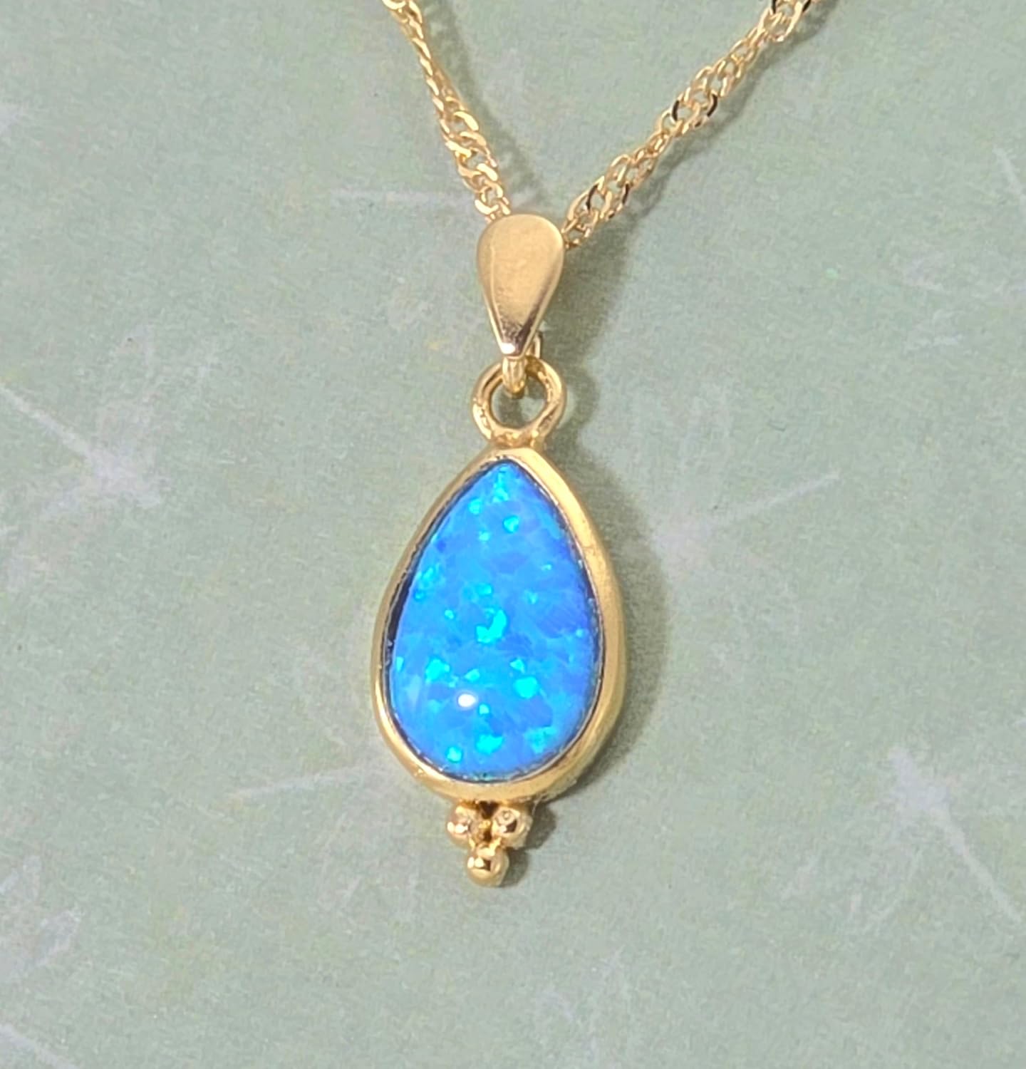 Blue Opal gold drop Necklace for woman, Gold Opal necklace pendant, Elegant everyday pendant, Teardrop vintage style birthstone necklace - Image 9