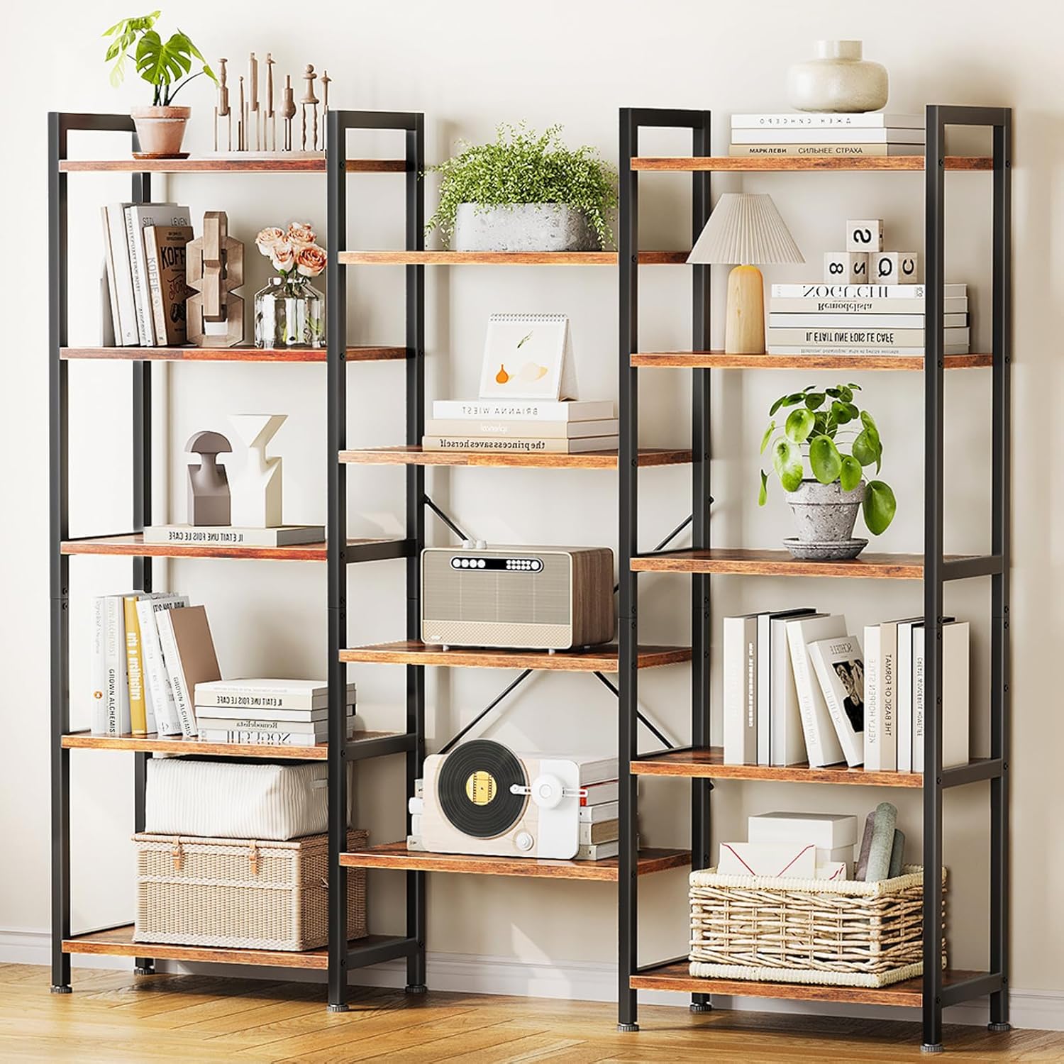 Casaottima Triple 5 Tier Bookshelf, Large Bookcase with 14 Open Display Shelves, Modern Industrial Book Shelves Book Case for Bedroom, Wide Standing Shelving Unit for Living Room Home Office, Vintage