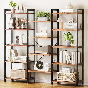 Casaottima Triple 5 Tier Bookshelf Large Bookcase with 14 Open Display Shelves Modern Industrial Book Shelves Book Case