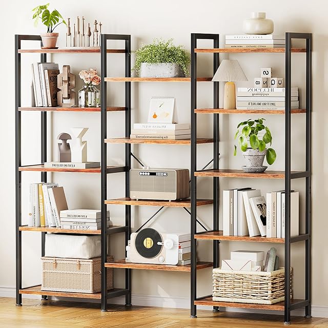 Casaottima Triple 5 Tier Bookshelf Large Bookcase with 14 Open Display Shelves Modern Industrial Book Shelves Book Case