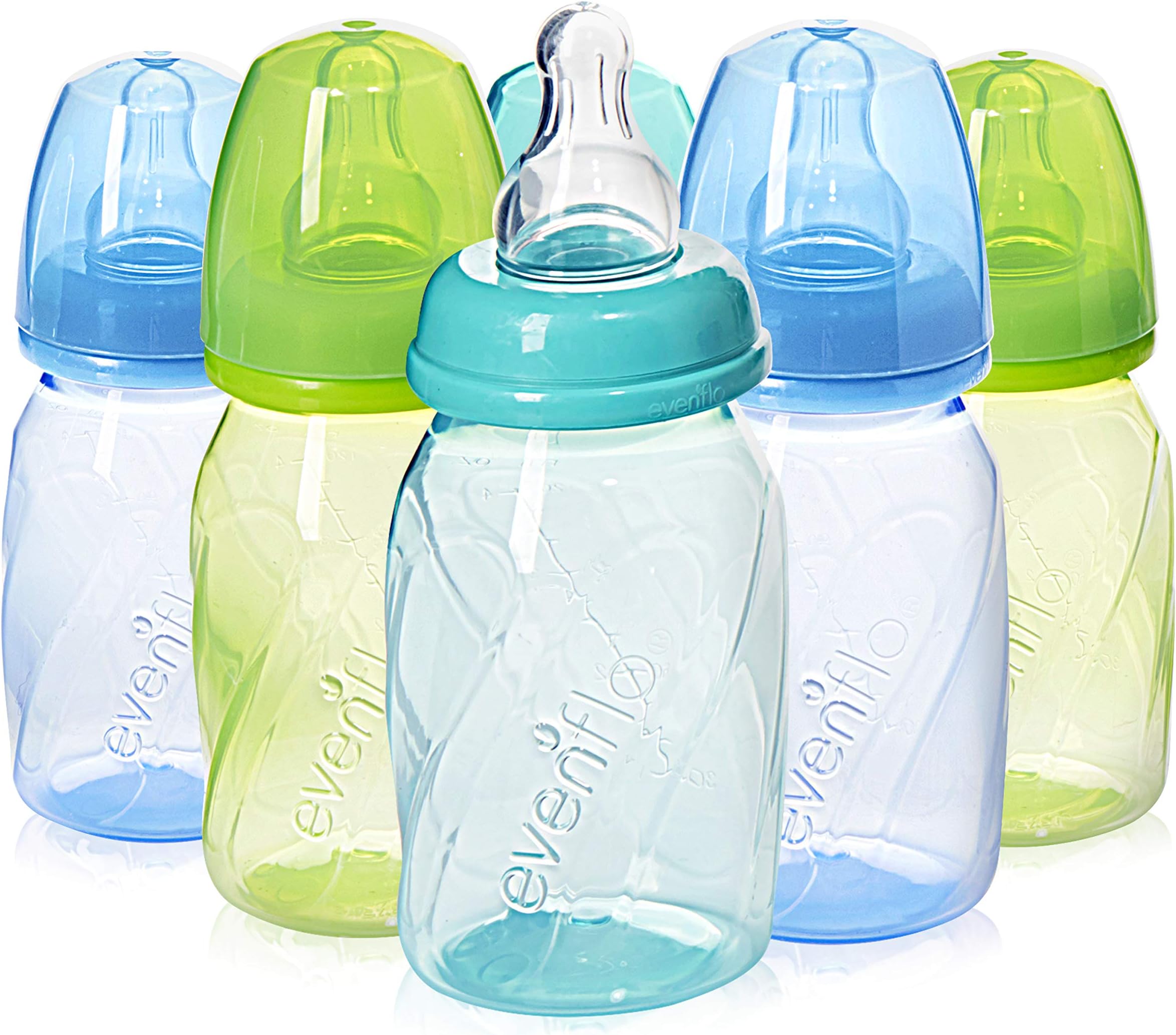 Evenflo Feeding Premium Proflo Vented Plus Polypropylene Baby, Newborn and Infant Bottles - Helps Reduce Colic - Teal/Green/Blue, 4 Ounce (Pack of 6)