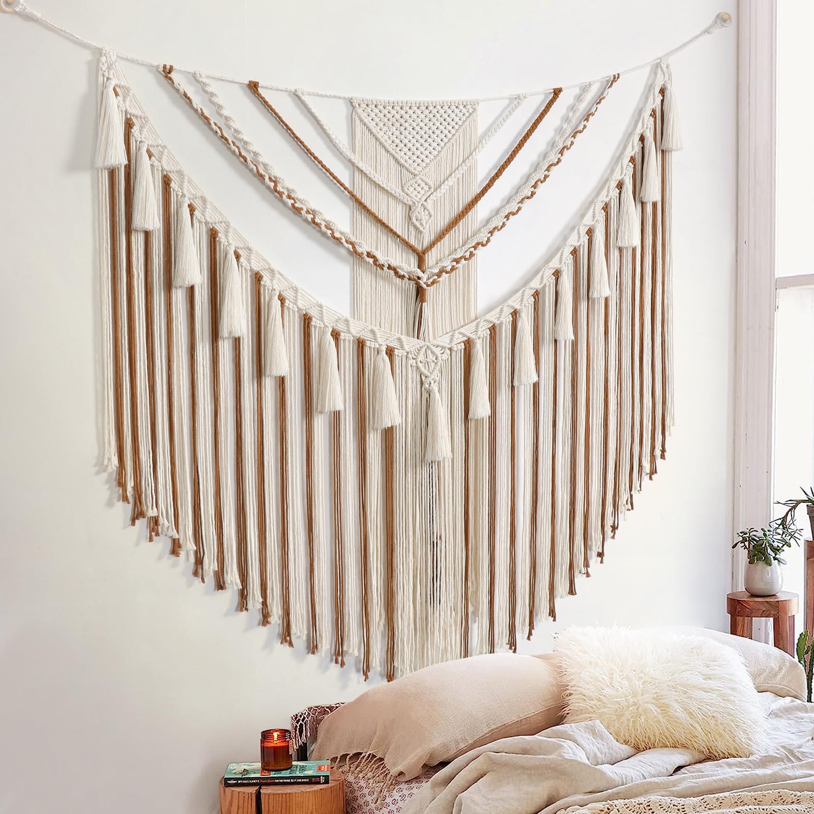 LOMOHOO Large Macrame Wall Hanging Boho Geometric Art Woven Cotton Tapestry Wall Decor Yellow Bohemian Home Decoration for Living Room Bedroom Dorm Apartment