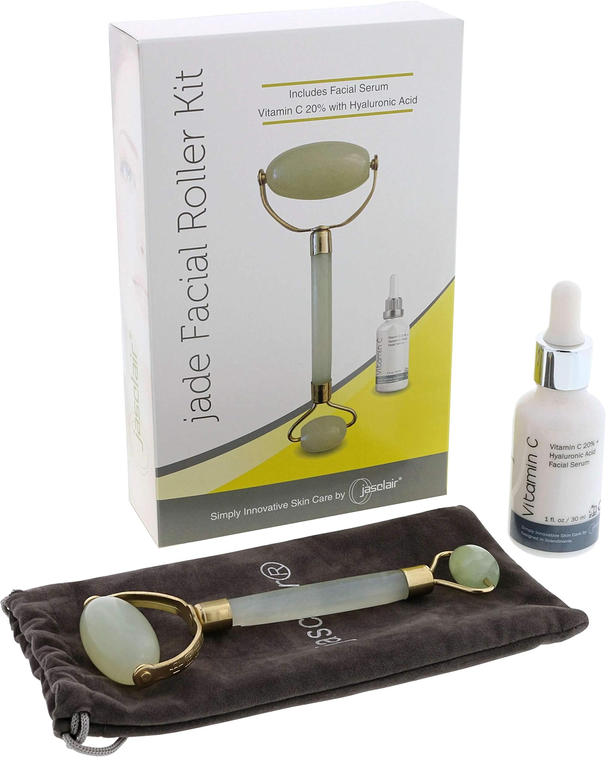 Jade Roller Kit with Face Serum – Skin Therapy Set Includes Natural Stone Massager + Vitamin C Serum – Firms, Tightens Look and Reduces Look of Dark Eye Circles, Fine Lines, Wrinkles + FREE E-Book