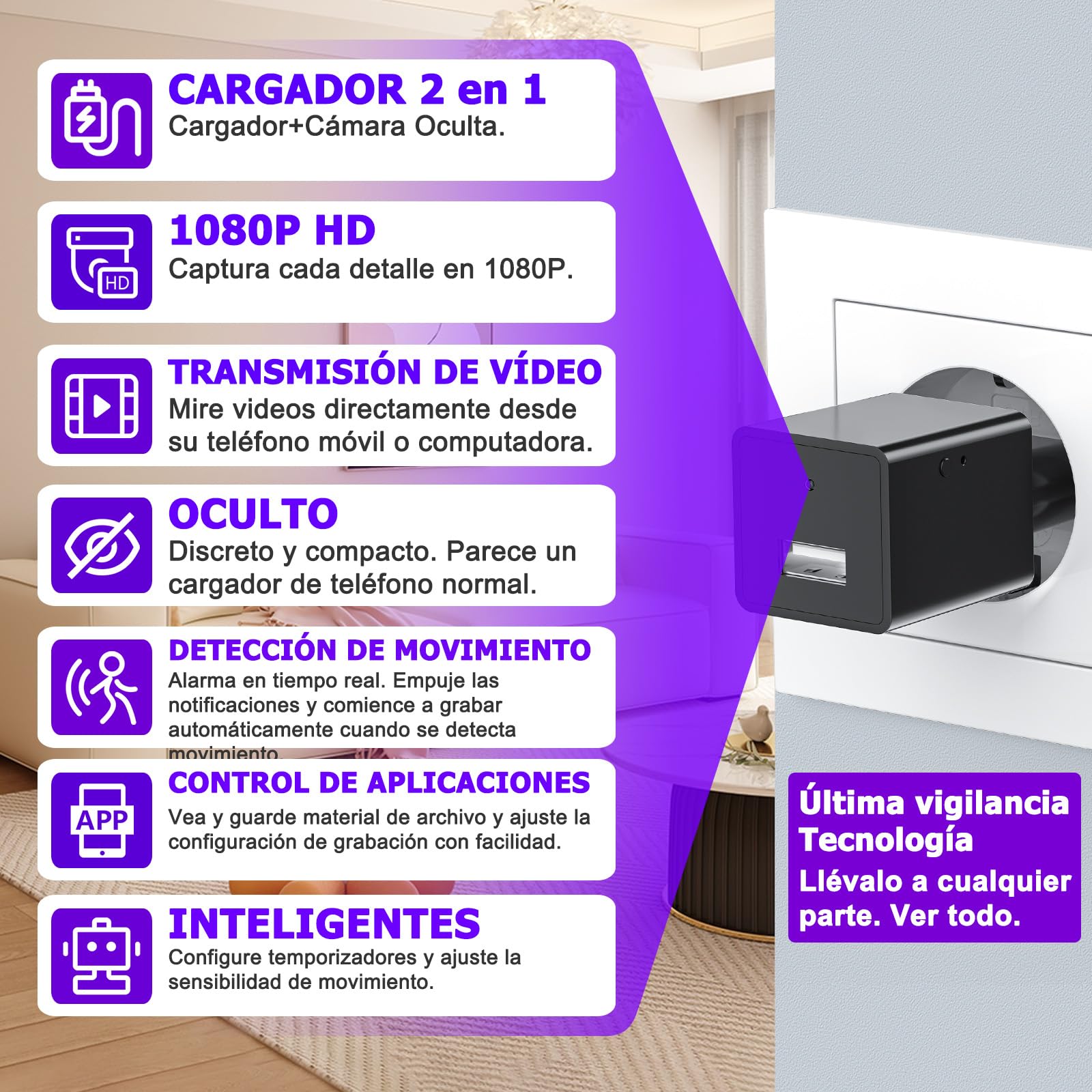 1080P Mini Camara Espia Oculta vigilancia WiFi Interior - Black | HD 1080P,detección de movimiento,solo Wi-Fi 2,4G,seguridad interior,control por app,visión en vivo remota,vigilancia