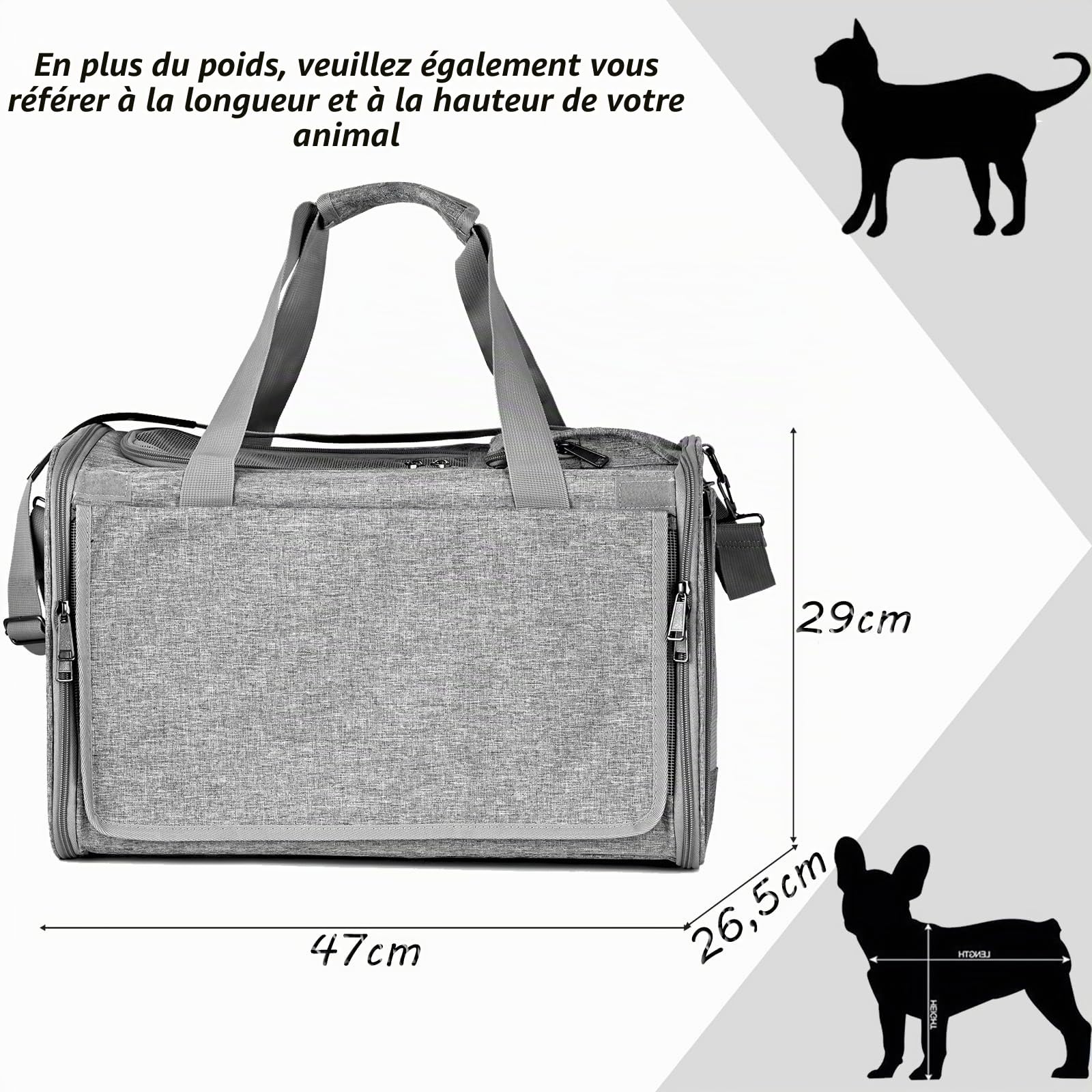 Sac Transport Chat Pliable Caisse de Transport pour Chat Petit Chien Respirant Sac de Transport pour Chaton Sac pour Animal de Compagnie avec Bandoulière Réglable (Gris)