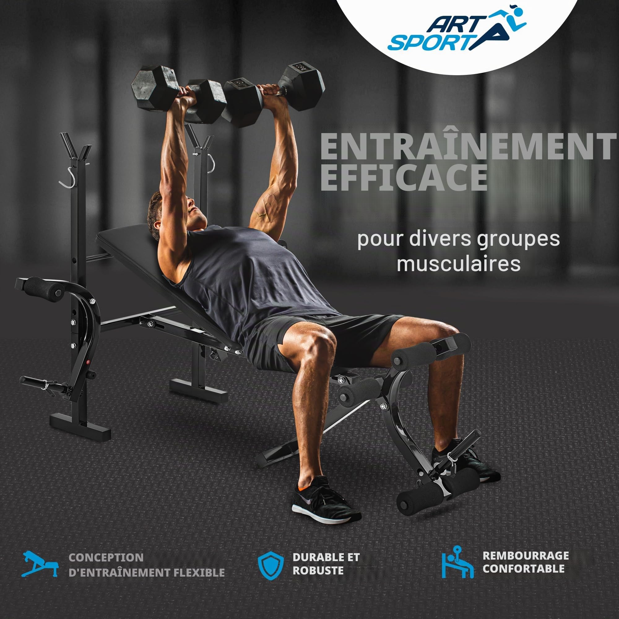ArtSport banc de musculation multifonction ProfiGym1000 pliable et réglable en 4 positions - avec support pour haltères longs, barre curl pour les jambes et Butterfly — banc incliné banc plat