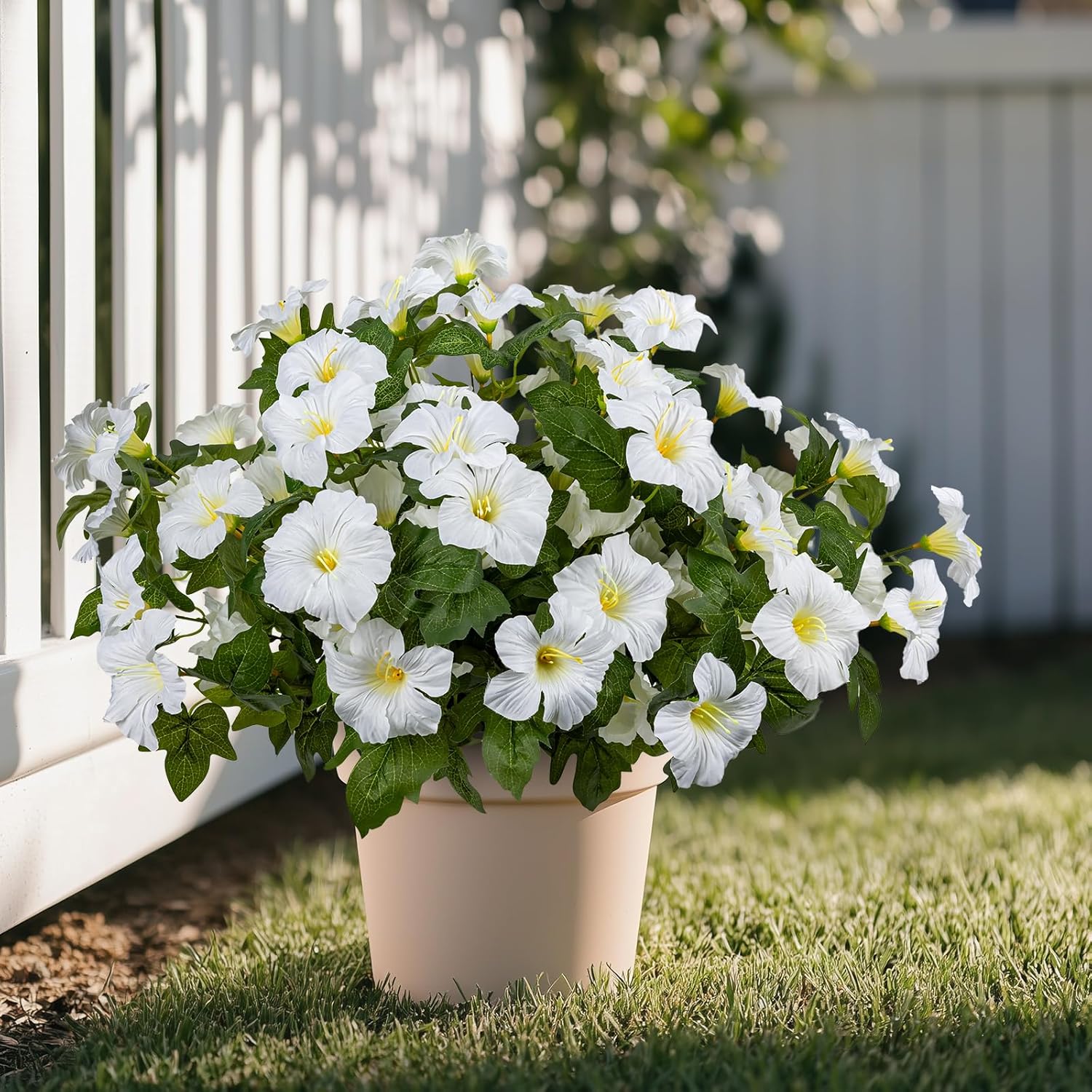 19 Inch Artificial Fake Flowers for Outdoor,4 Pcs White Faux Silk Petunias Spring Flowers for Outside for Indoor Porch Planter Front Door Garden Patio Window Box Home Decor - Image 3