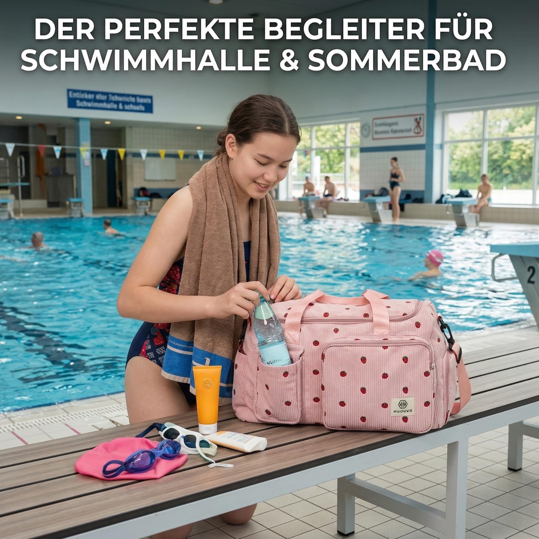 Suweir Sporttasche Kinder Reisetasche Mädchen Damen mit Schuhfach und Nassfach Cord Schwimmtasche Weekender Travel Bag Erdbeere Handgepäck Tasche Geldbörse für Reisen, Fitness, Sport Schwarz Rosa
