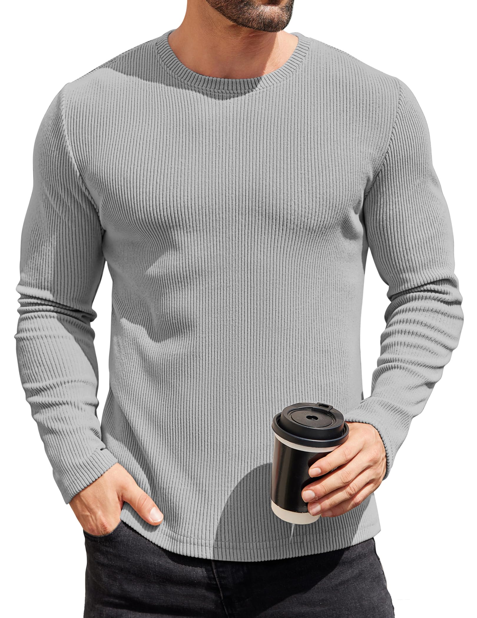 Mens Long Sleeve Shirts Thermal T-Shirt Slim Fit Crewneck Sweater Knitted Pullover Shirt, Light Grey, XX-Large-image-27