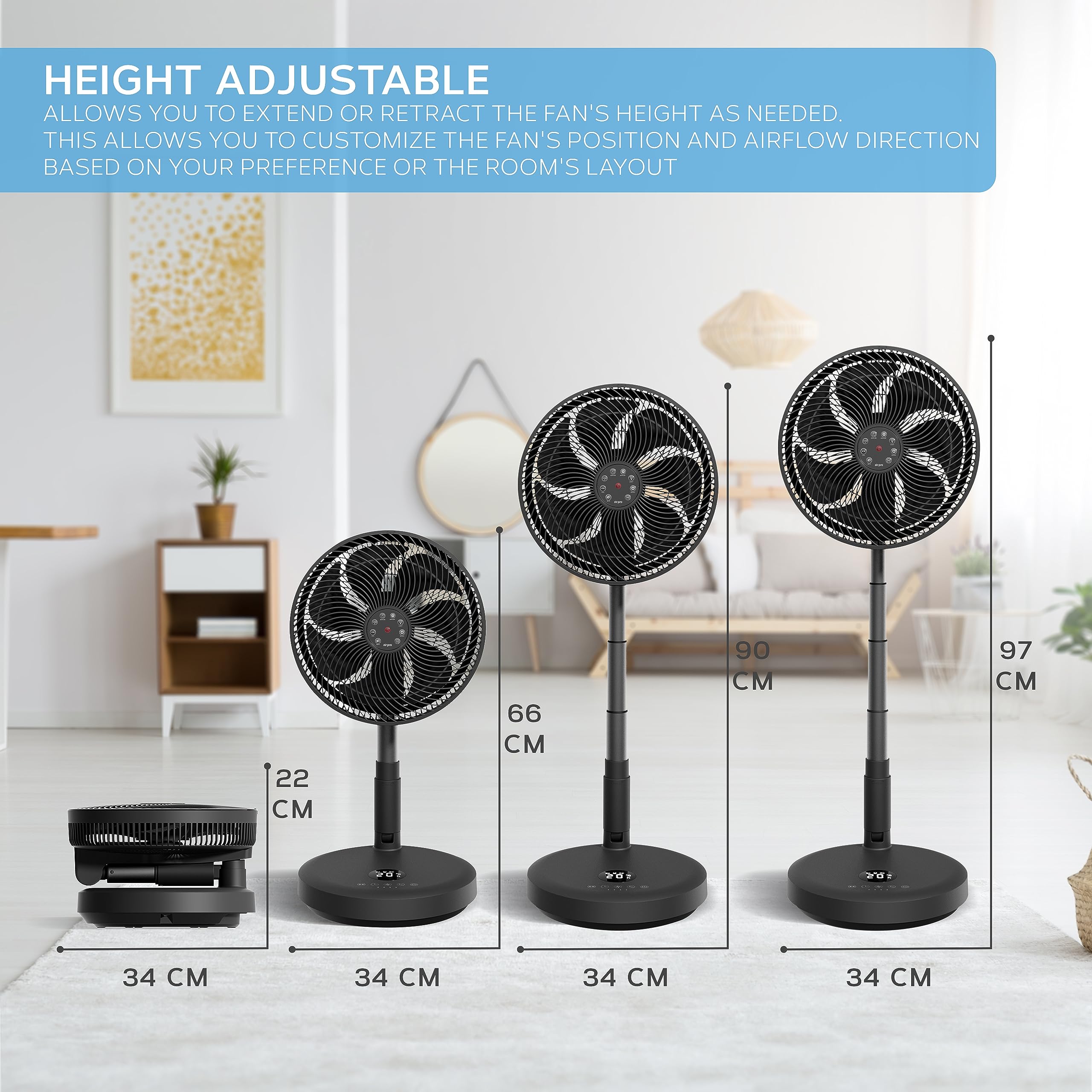 Air Pro 16" Pedestal Fan Oscillating Fan 50W Ultra Quiet Air Cooling & Circulator 50” Tall Adjustable Height Cooling Fan 3 Speeds 70° Oscillation Variable Tilt Suitable for Office Home Bedroom