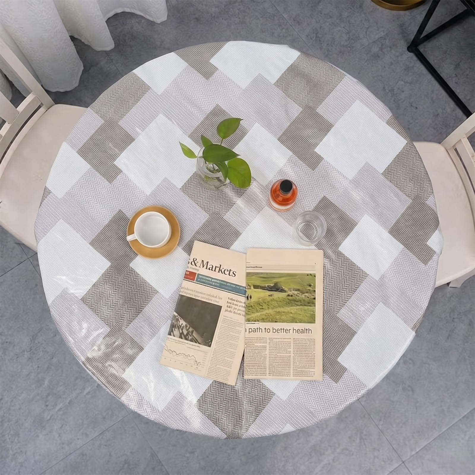 Foppla Wipeable PVC Round Tablecloth Elastic Edged Flannel Backed 90-110cm(Gray squares)
