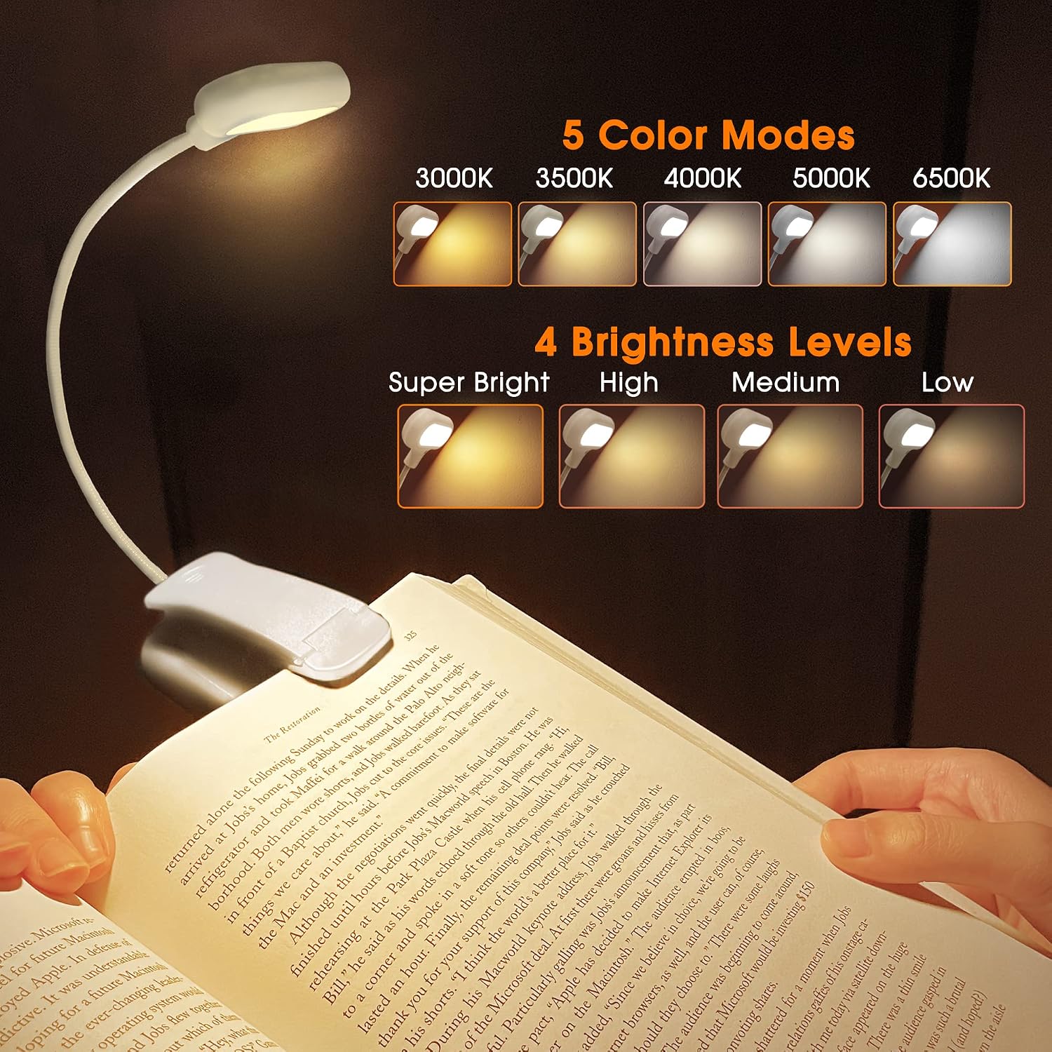 Briignite Book Light, Reading Light, 14 LED Rechargeable Book Reading Light, 5 Colors, 4 Brightness Levels, Lightweight Clip on Book Light for Reading in Bed, Perfect Booklight for Book Lovers, White