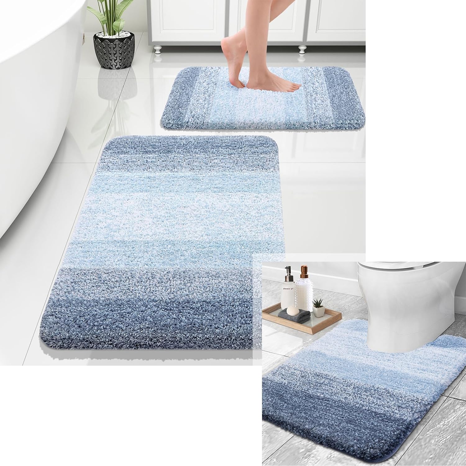OLANLY Ombre Bath Rug and Toilet Rugs U-Shaped, Bath Rug Size 24x20 and Bathroom Rug Set Size 30x20+24x16 in Blue, 3 Item Bundle