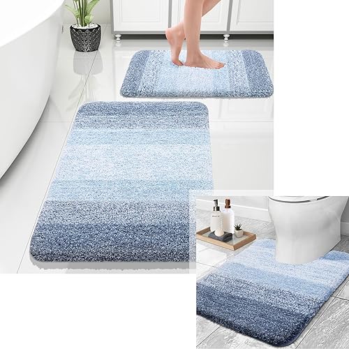 OLANLY Alfombra de baño y aseo en forma de U, tamaño 24 x 20 pulgadas, juego de alfombras de baño de 30 x 20 + 24 x 16 pulgadas, color azul, paquete