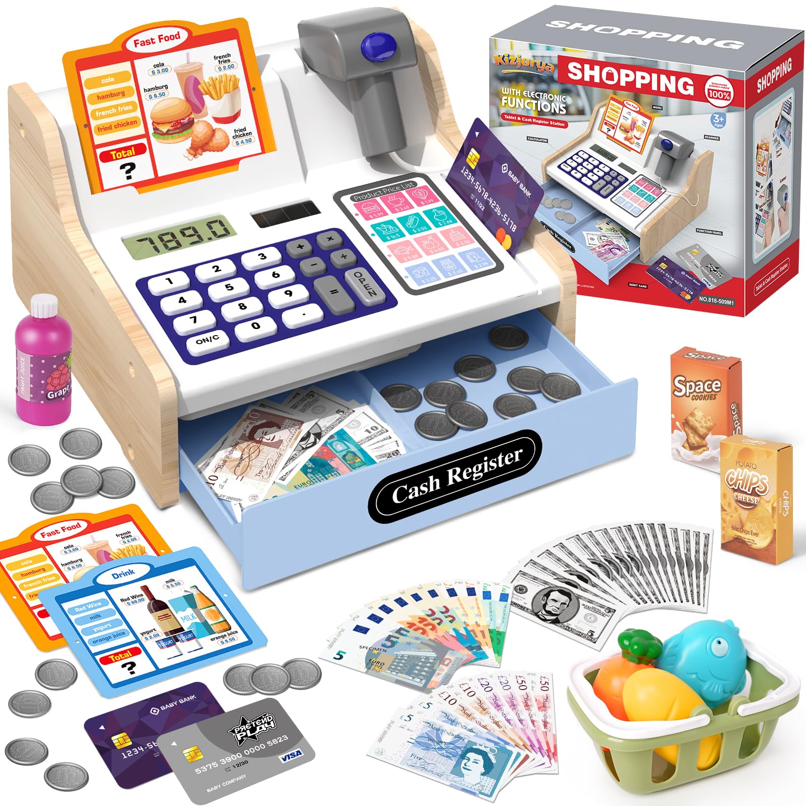 2026 Wooden Cash Register with Scanner Calculator Till Toy for Kids Ages 3+, Pretend Play Shop Toys Educational Gifts for Toddlers 3 Year Old Girls Boys, White & Blue โ image 1
