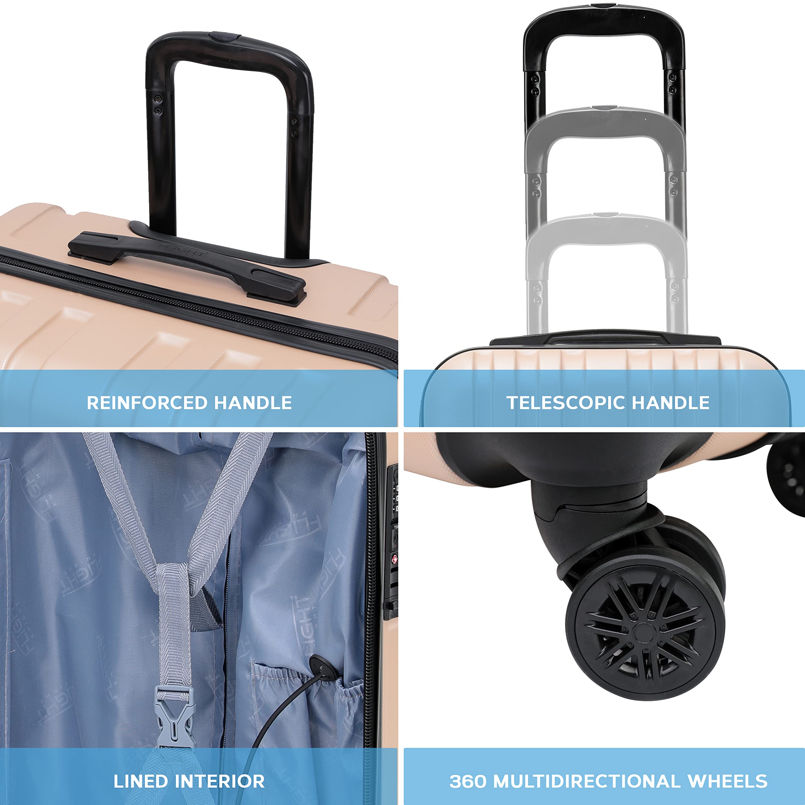 Flight Knight Premium Set of 2 Lightweight Cabin Suitcase - 8 Spinner Wheels - Built-in TSA Lock & USB Port - Luggage Approved for Over 100 Airlines Including easyJet, Ryanair & Jet2-55x35x20cm