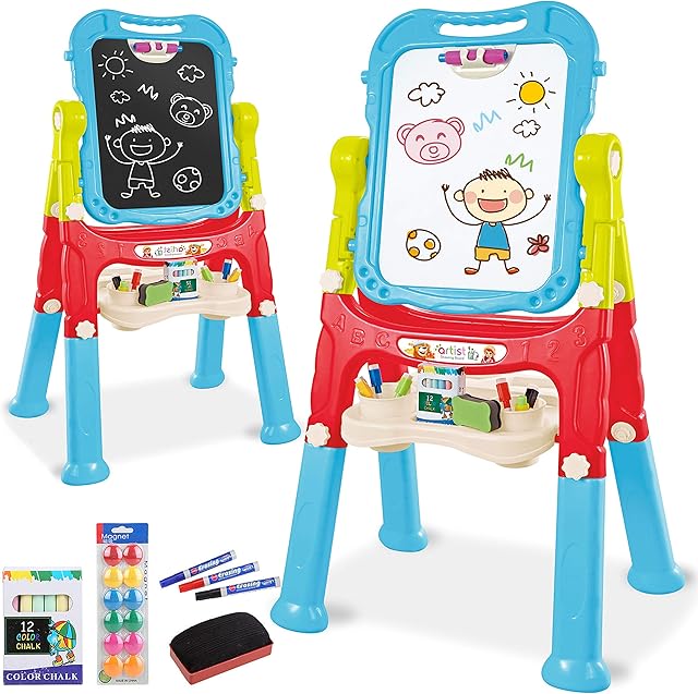 Kids Folding Double Sided Magnetic Drawing Board Easel with Accessories - Colour Chalk, Eraser (Blue/Red)