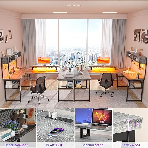 Miniatura 4 de Unikito Escritorio en forma de U con gabinete, escritorio reversible en forma de L con tomas de corriente y tira LED, mesa de oficina grande con