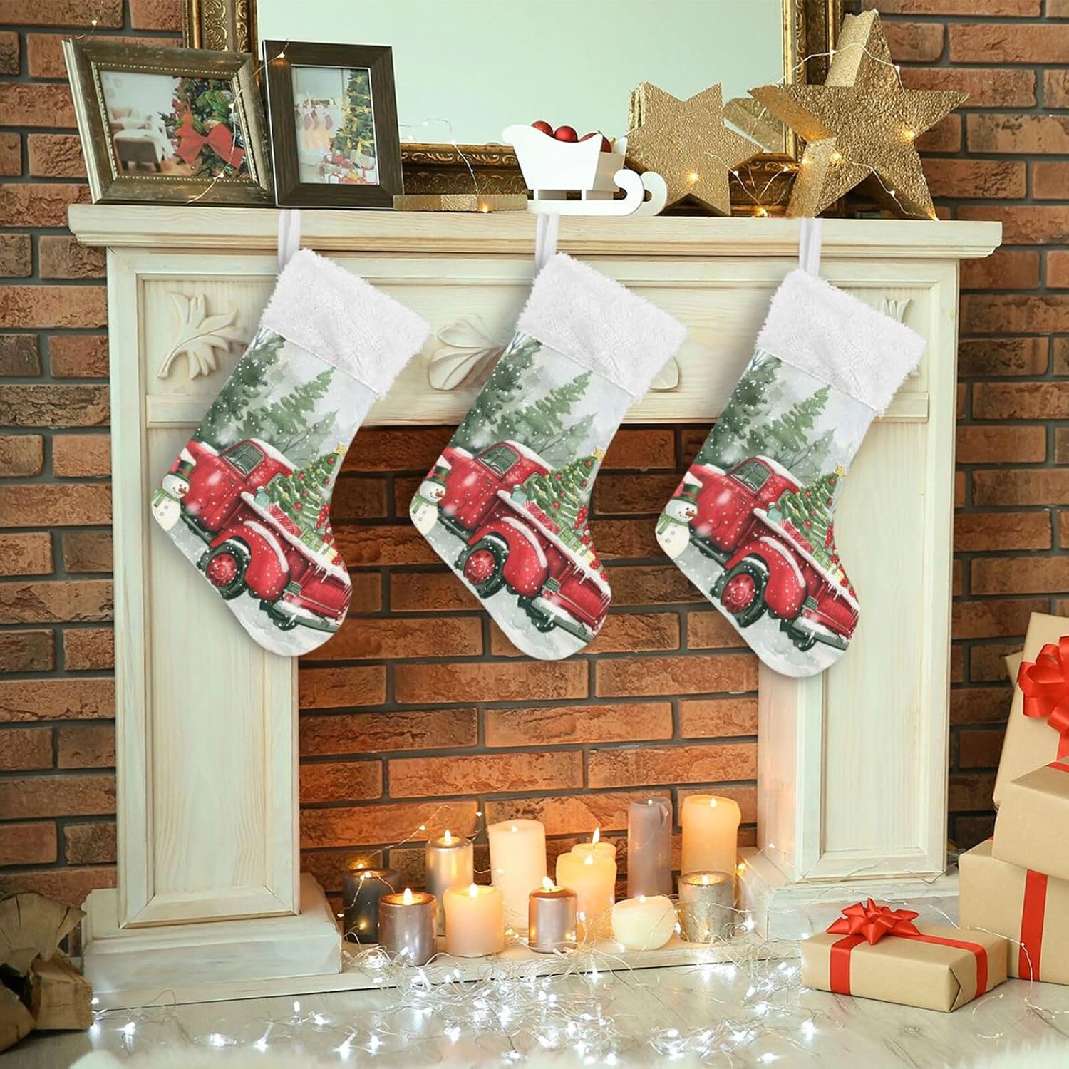 Christmas Red Truck Tree Christmas Stockings Xmas Winter Snowman Large Xmas Stocking For Fireplace Christmas Tree Gifts Family Party Decorations 1 Pc 18 inch