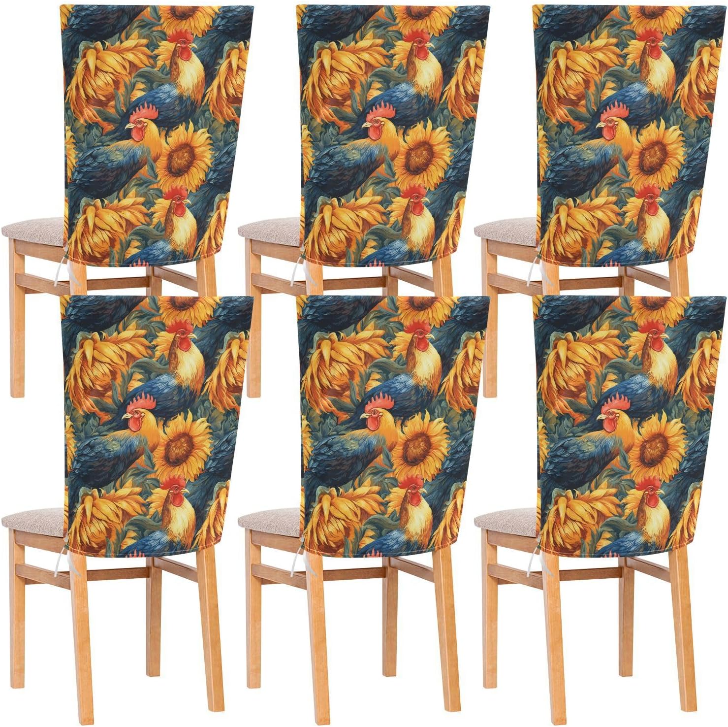 ALAZA Yellowe Sunflowers Floral Roosters Chair Back Cover Set of 6, Washable Reusable Removable Chair Slipcovers Decorative Chair Cover for Home Kitchen Wedding Party