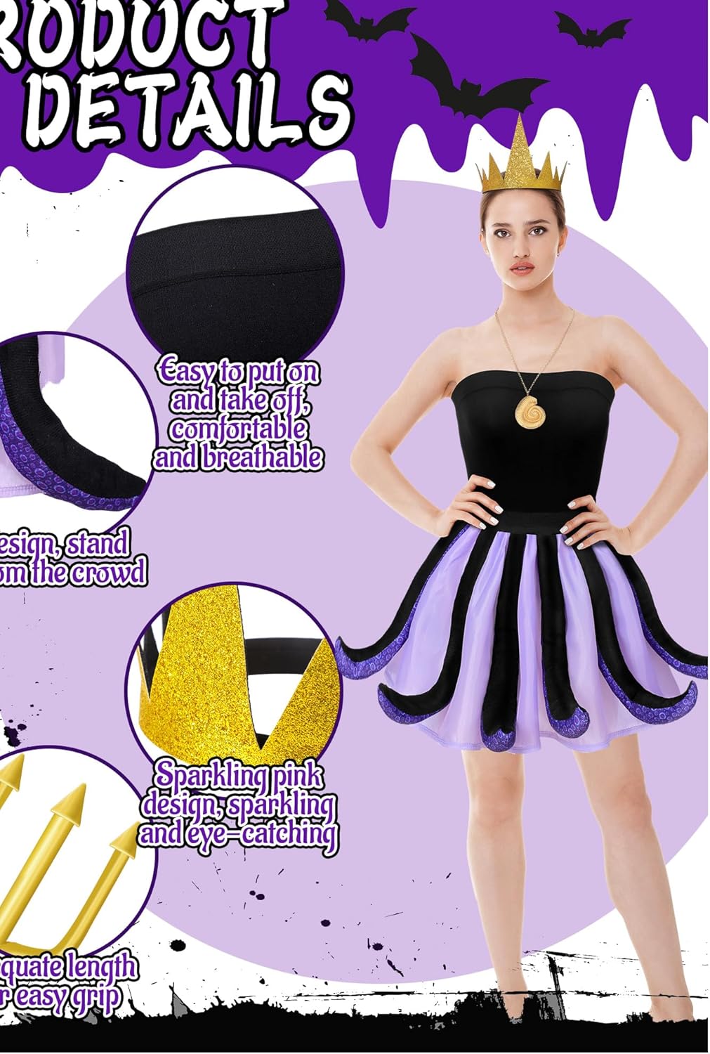 5 Pcs Women Octopus Costume Set Include Black Purple Octopus Dress Crown Conch Necklace Trident Prop Halloween Cosplay - Image 4