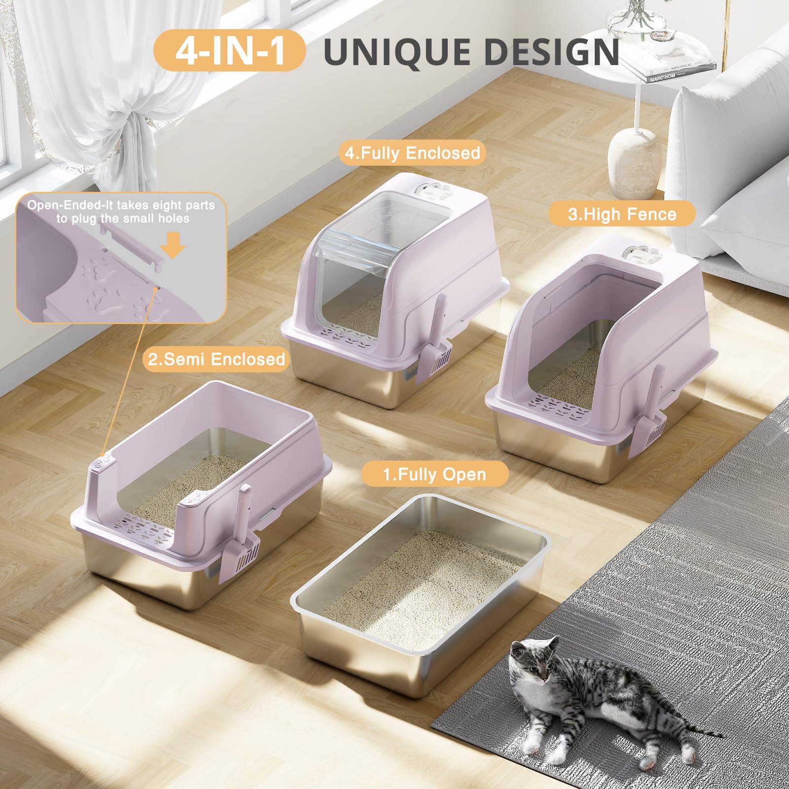 Lettiera per gatti in acciaio inox, completamente chiusa, extra large, in metallo, con lati alti e coperchio trasparente a 120°, paletta e tappetino, viola, XL
