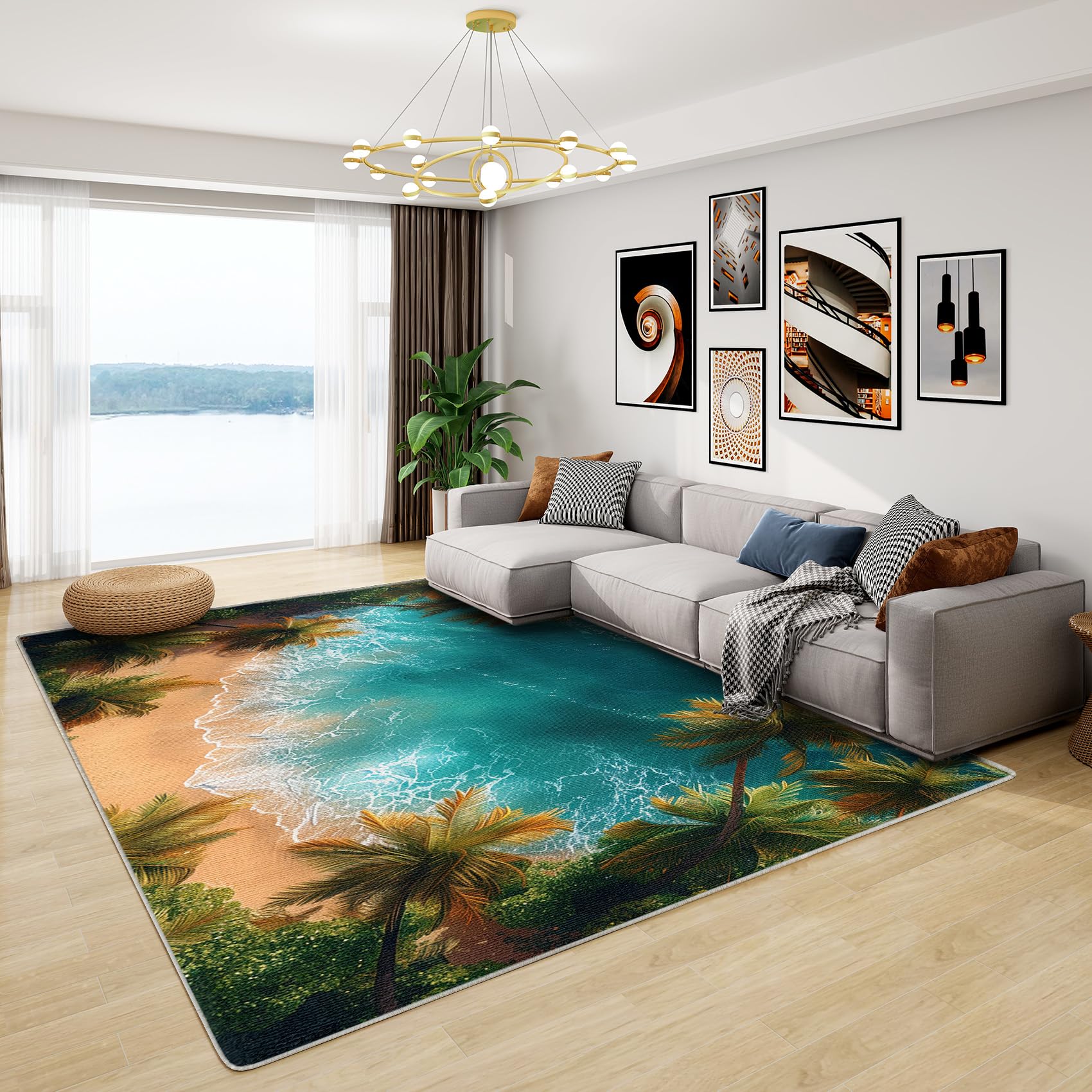 Seaside Gifts - Palm Tree Rug, Ocean Themed Rugs for Living Room Bedroom, Washable Non Slip Soft Square Carpet, Patterned Area Rugs & Home Decor 120x120 cm