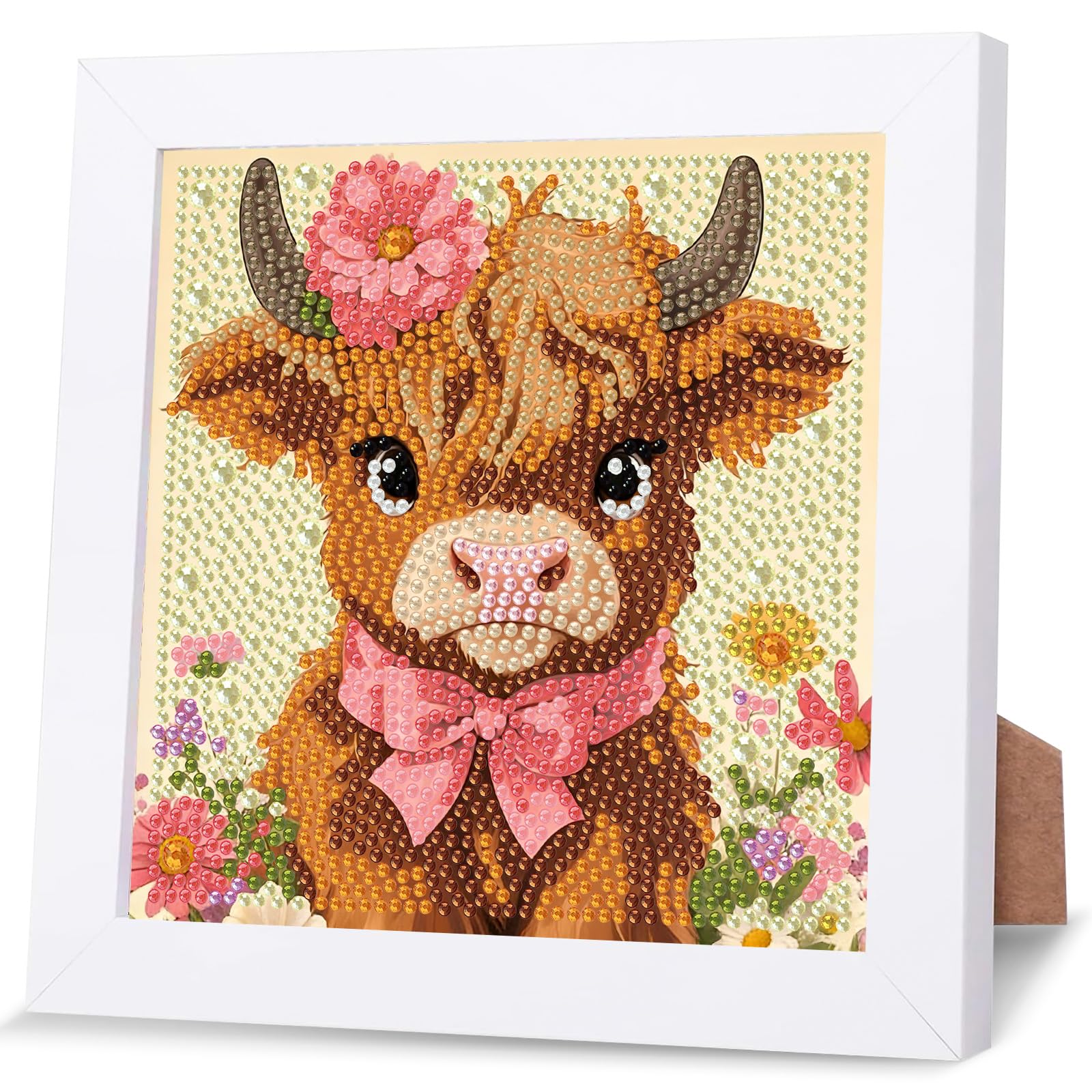 NAIMOER Highland Cow Diamond Art Painting Kits for Adults with Frame, Diamond Art Kids Animals Crafts for Ages 4-6-8-12, Easy to DIY Gem Painting Gifts Home Wall Deco 18x18cm (Beautiful Packages)