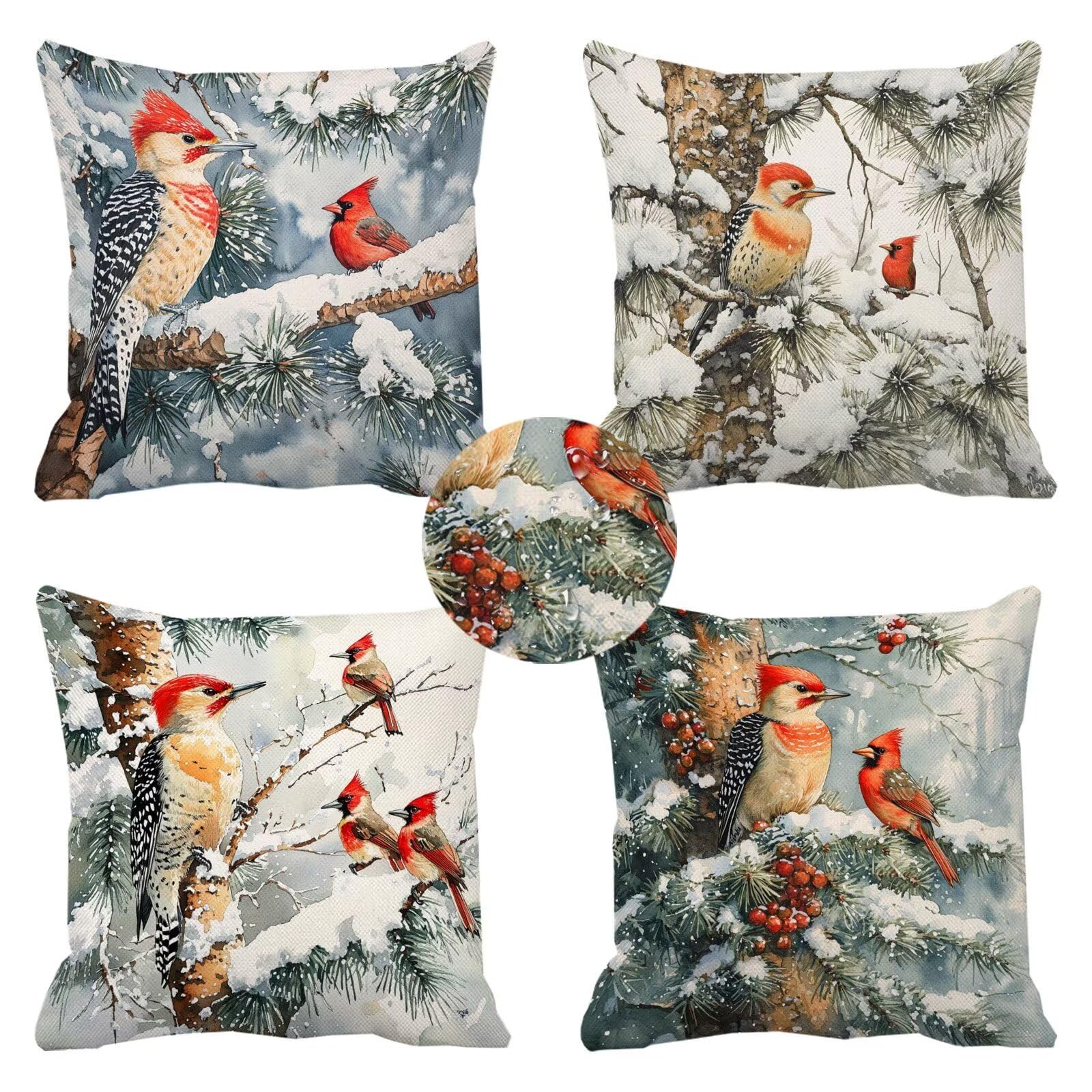 Housse de coussin 50x50 cm lot de 4 en lin avec motifs oiseaux pour décoration de maison