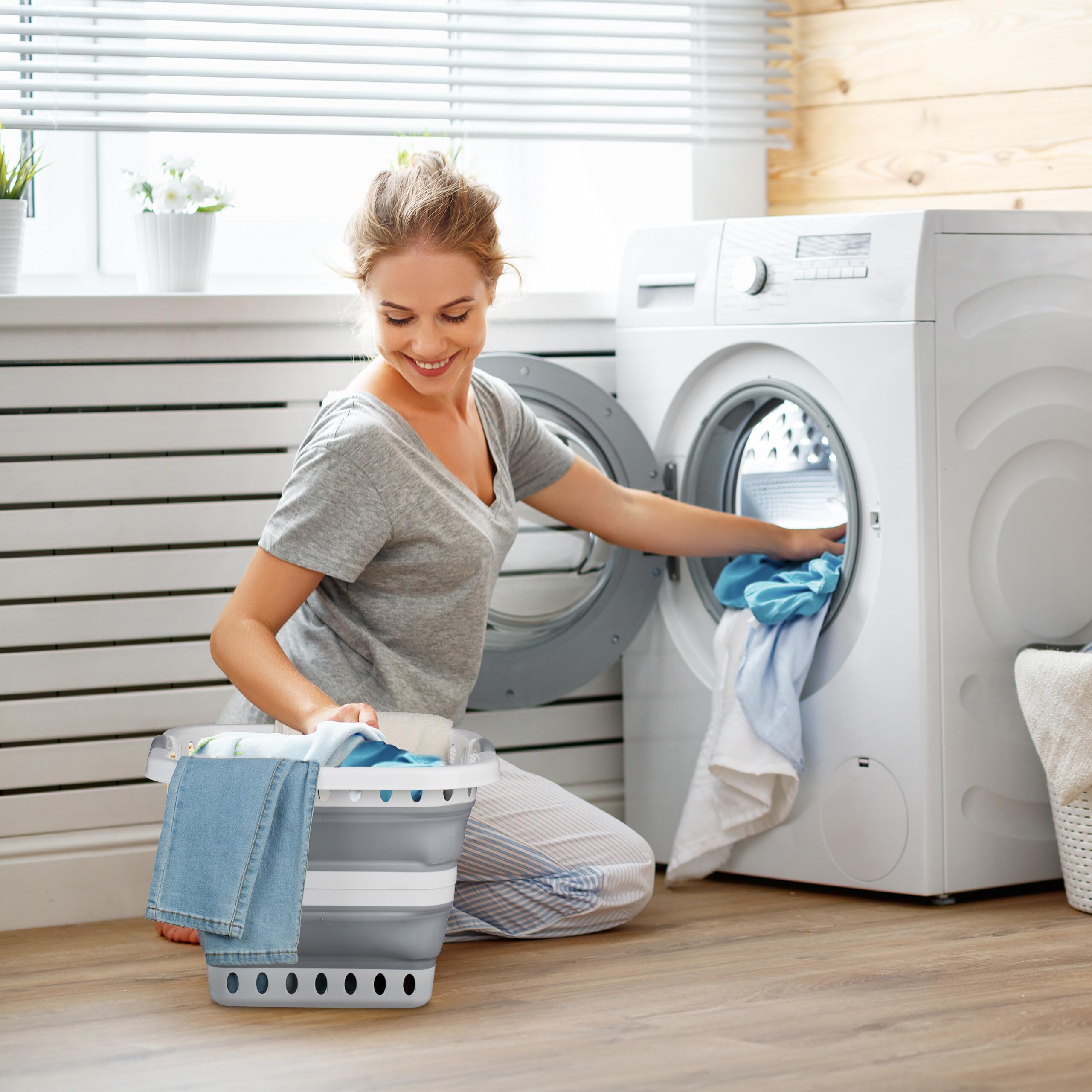Relaxdays Panier à Linge, Pliable, Volume : 40 litres, poignées, en Plastique, HLP : 35 x 48,5 x 48,5 cm, Gris et Blanc