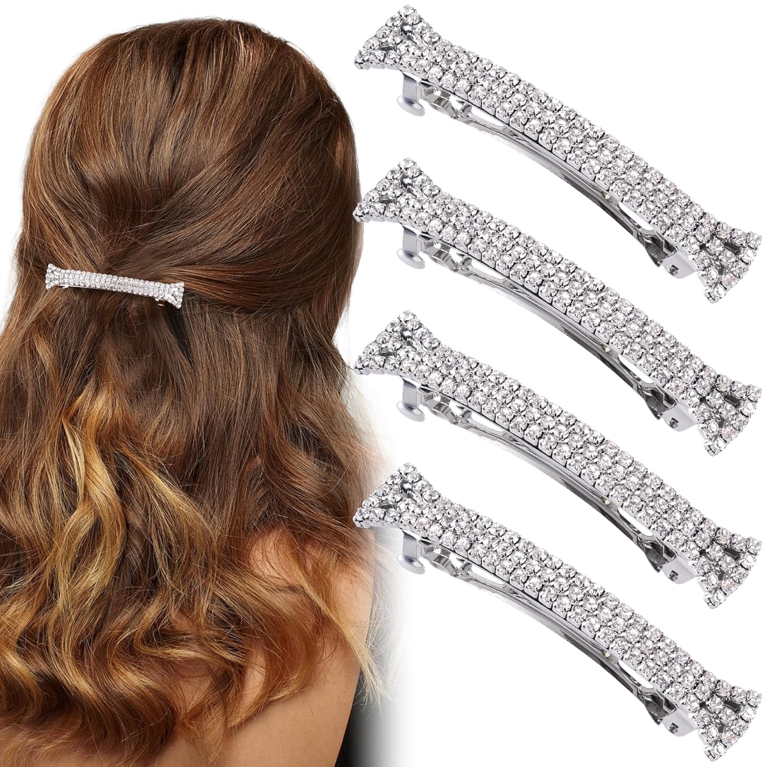 CHANZET Rhinestone Hair Barrettes Clips 4pcs, Sparkly Crystal Hair Clip Silver