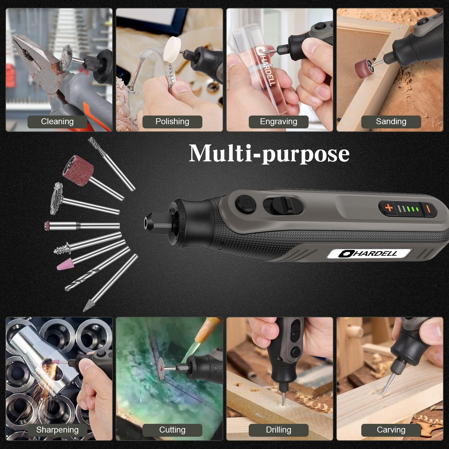 Outil Rotatif Multifonction HARDELL 4V Sans Fil - 101 Accessoires - 5 Vitesses 5000-25000 Tr/min - Gravure/Meulage/Polissage