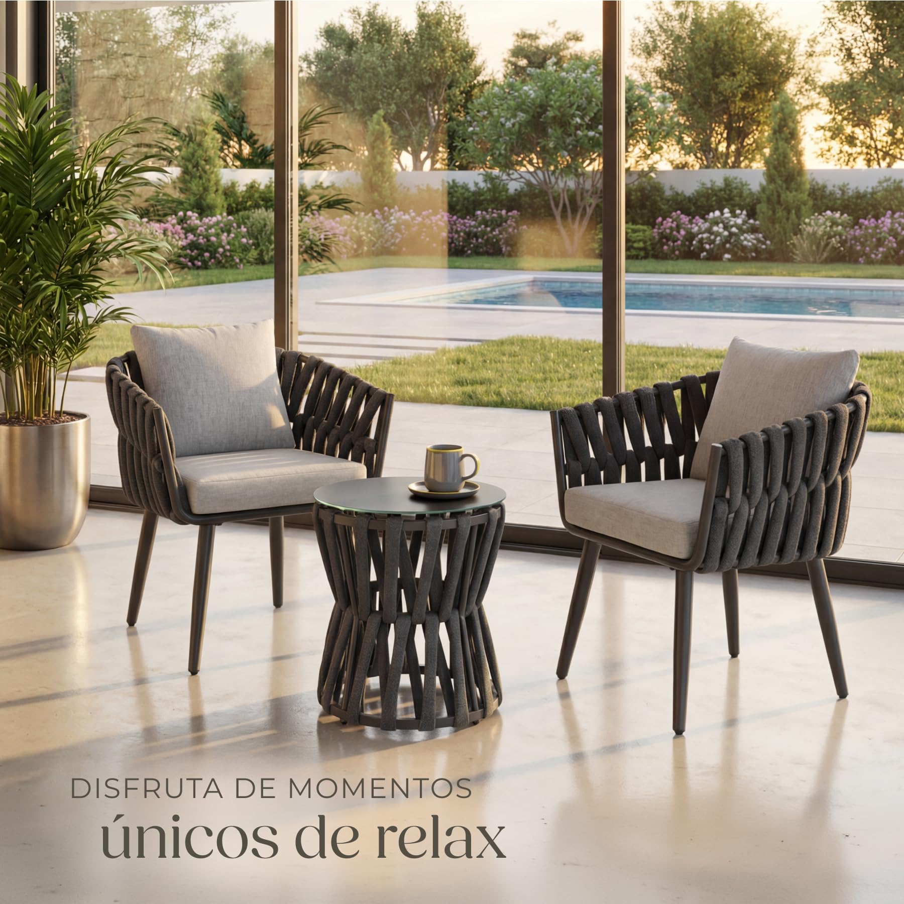 tectake® Conjunto Jardin Exterior con Mesa Terraza Exterior y Silla Ratan de Aluminio, Muebles de Terraza Resistentes, Muebles de Jardin - 2 Sillas y 1 Mesa