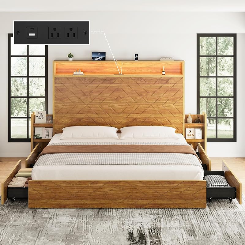 King Size Bed Frame with Bedside Storage & 4 Drawers, Brown