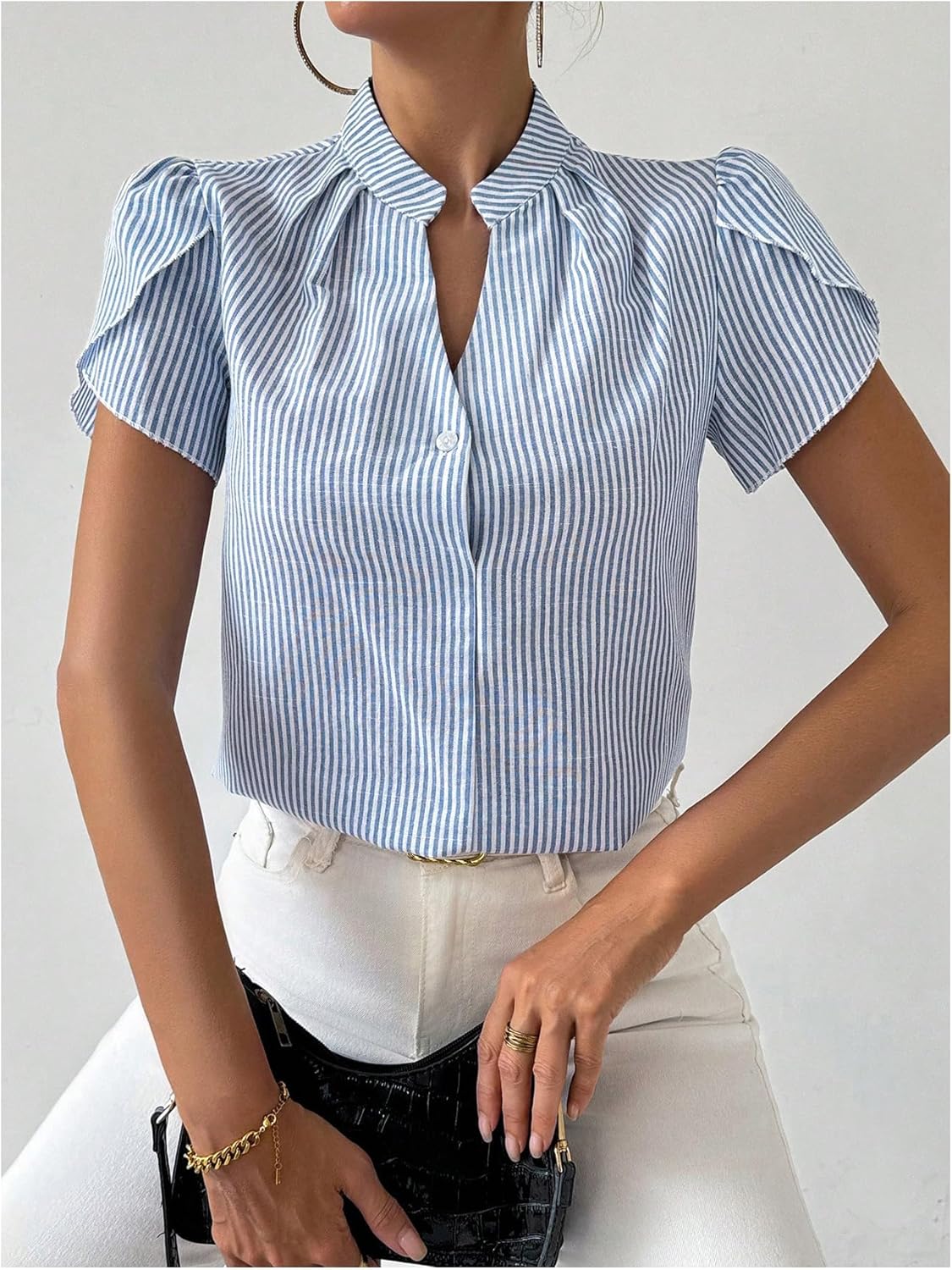 SweatyRocks Women's Striped Blouse Puff Short Sleeve Collar V Neck Office Work Shirts - Image 3