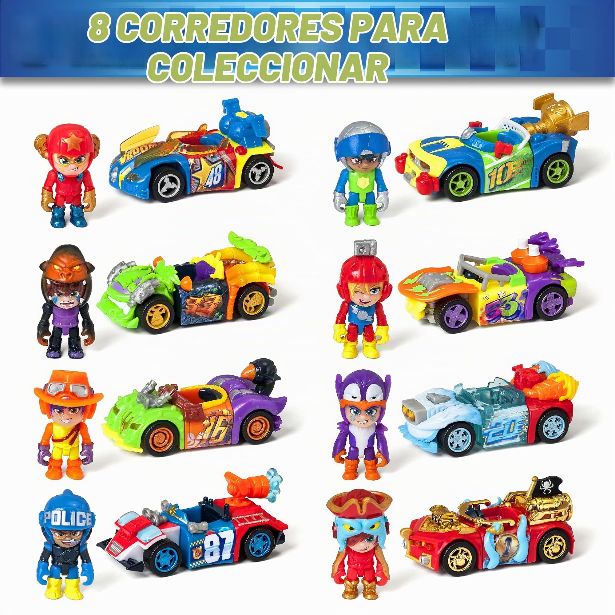 T-RACERS serie 2 – Colección completa de coche de carreras y piloto sorpresa coleccionable, 8 Coches de carreras desmontables por partes y con piezas intercambiables