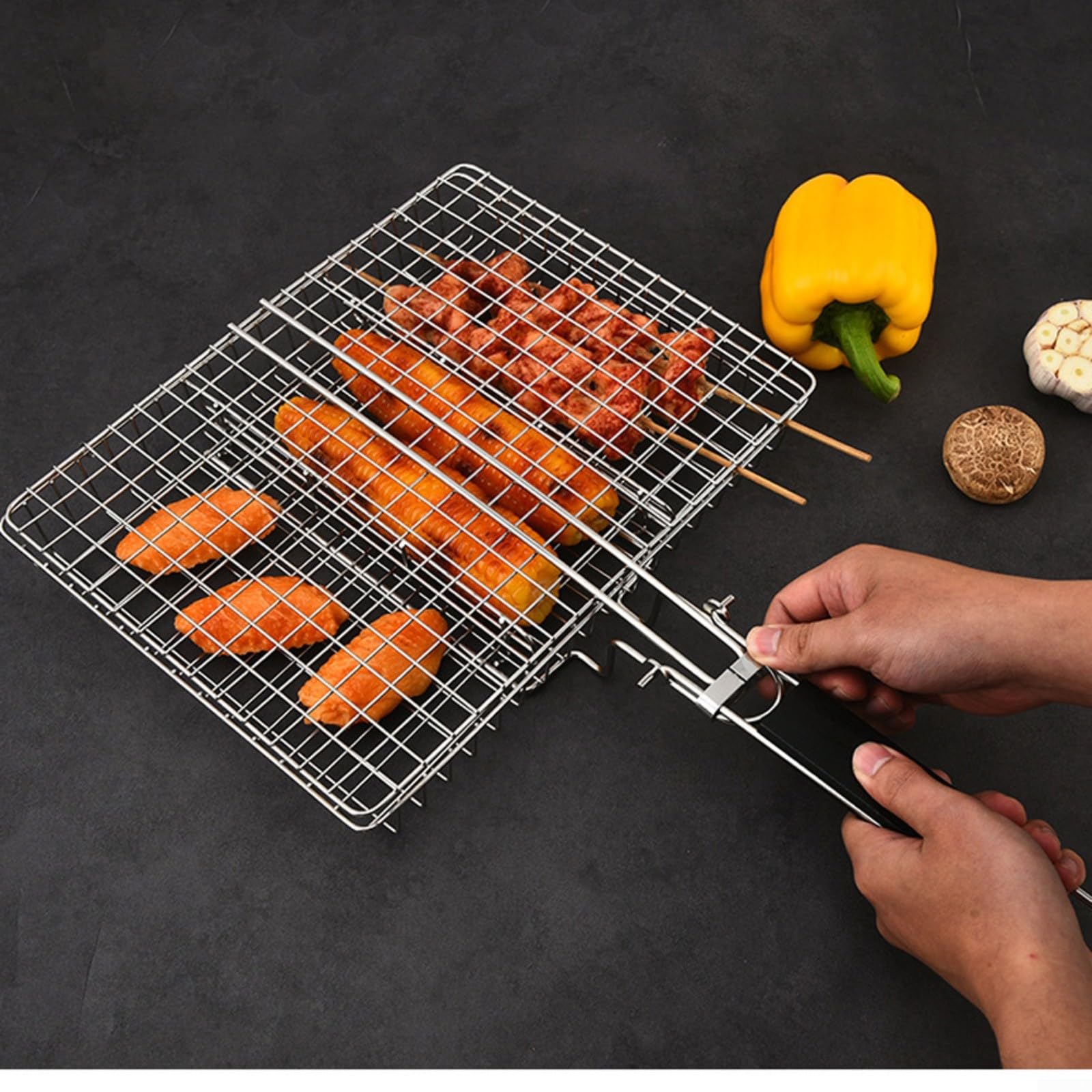 Cestino pieghevole per barbecue in acciaio inox di alta qualità, con manico, 50,5 x 31 x 4 cm, ideale per grigliare pesce, carne e verdure, utensile da cucina portatile, lavabile in lavastoviglie