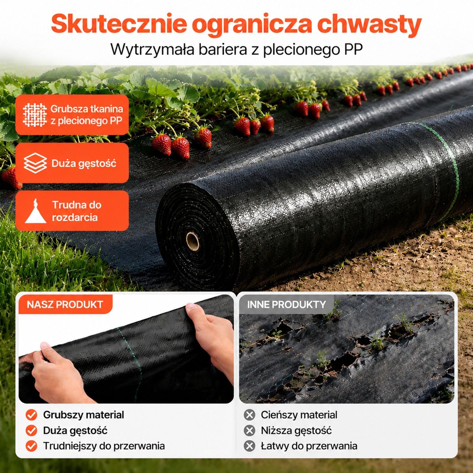 Mata przeciw chwastom w rolce, czarna tkanina z polipropylenu z liniami pomocniczymi i wykończonymi krawędziami do szklarni oraz gospodarstw