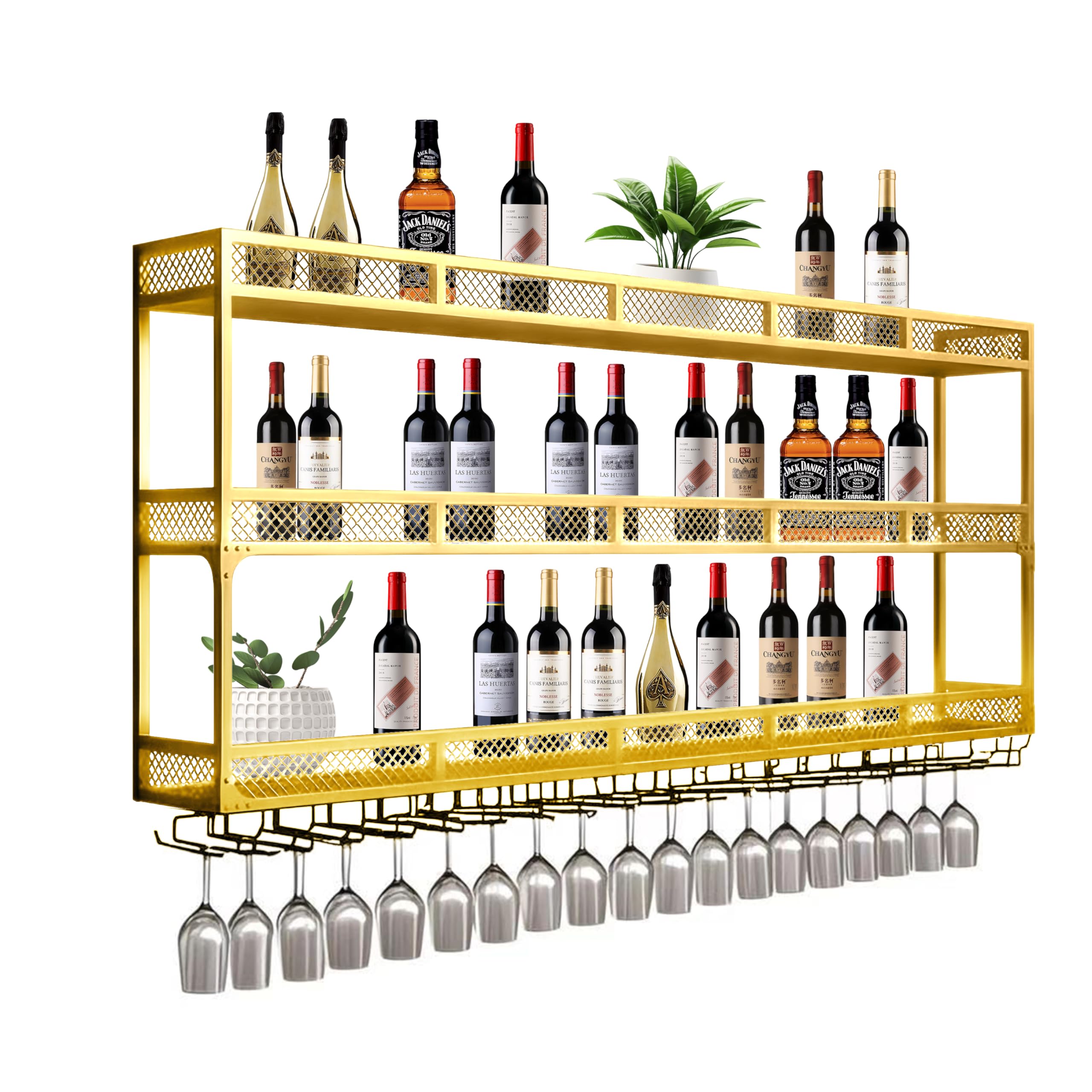 Étagère murale bar avec LED de 140 cm, casier à vin doré idéal pour aménager un coin salon chic