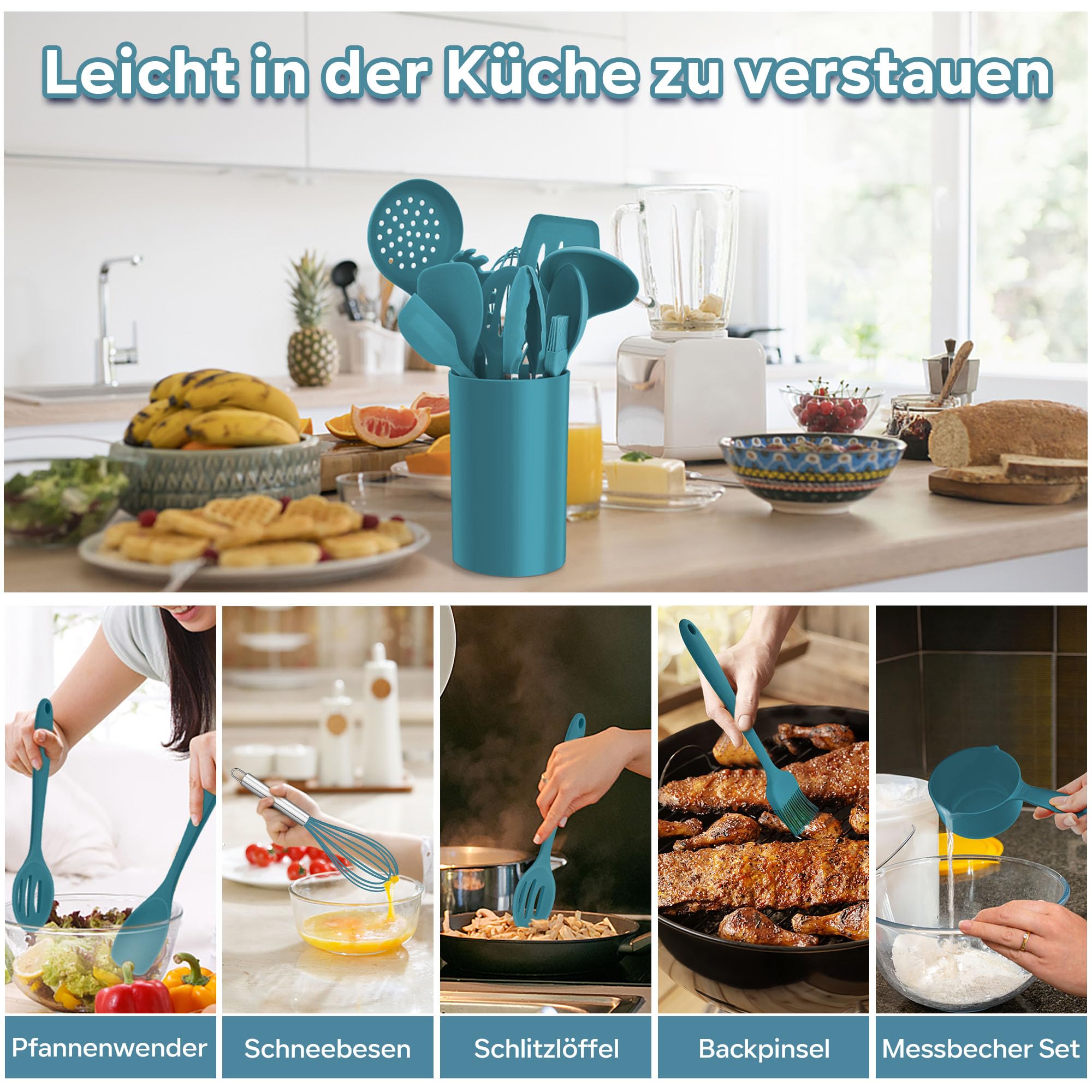 Set Di 15 Utensili Da Cucina In Silicione - Con Portautensili, Antiaderente E Resistente Al Calore - Foto 7