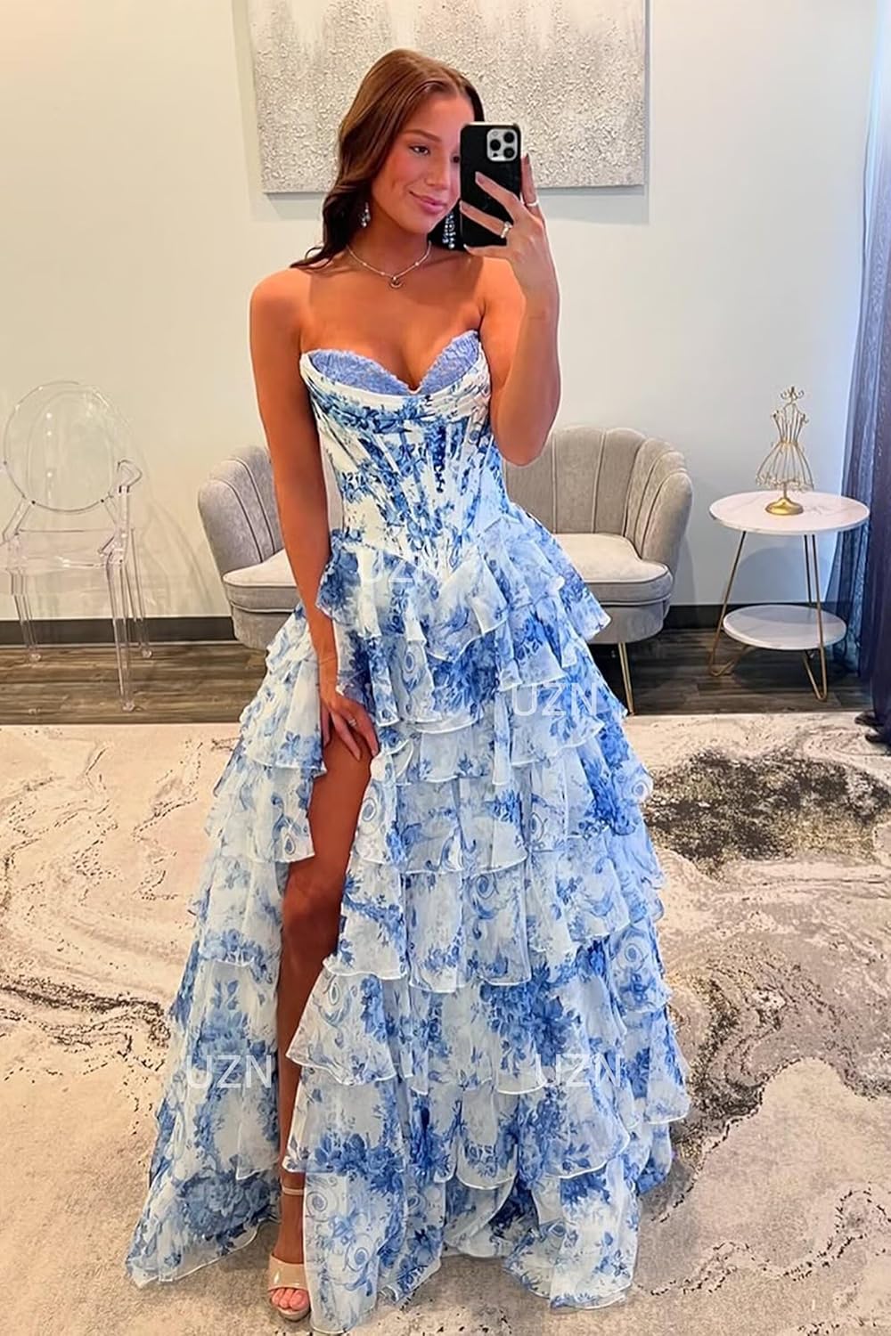 UZN Floral Print Tiered Prom Dresses 2026 with Slit Long Strapless Corset Formal Evening Party Gowns - Image 3
