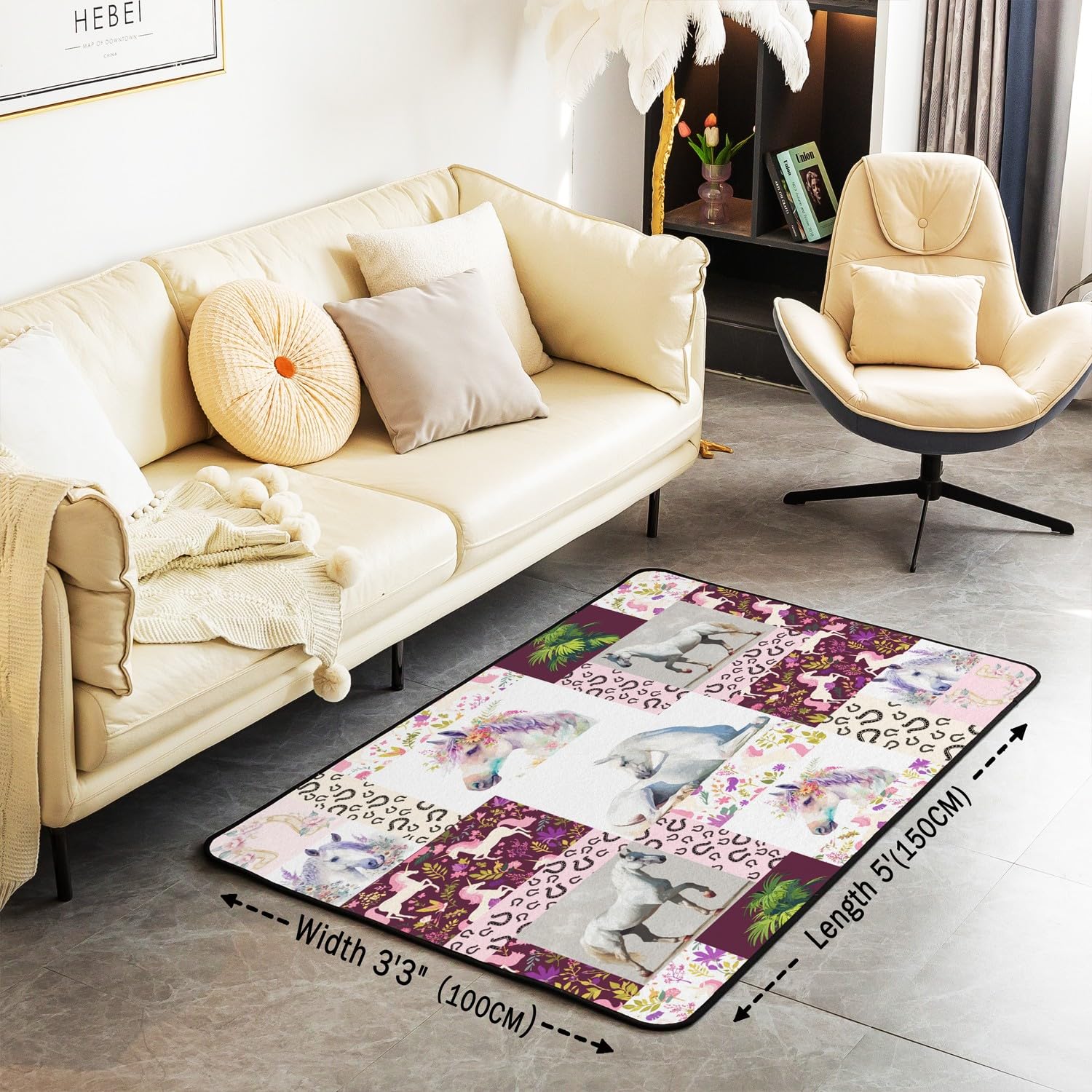 Loussiesd Alfombra decorativa con diseño de caballo, 150 x 200 cm, diseño de flores, para interiores y niñas, diseño de herradura occidental, alfombra decorativa para sala de estar