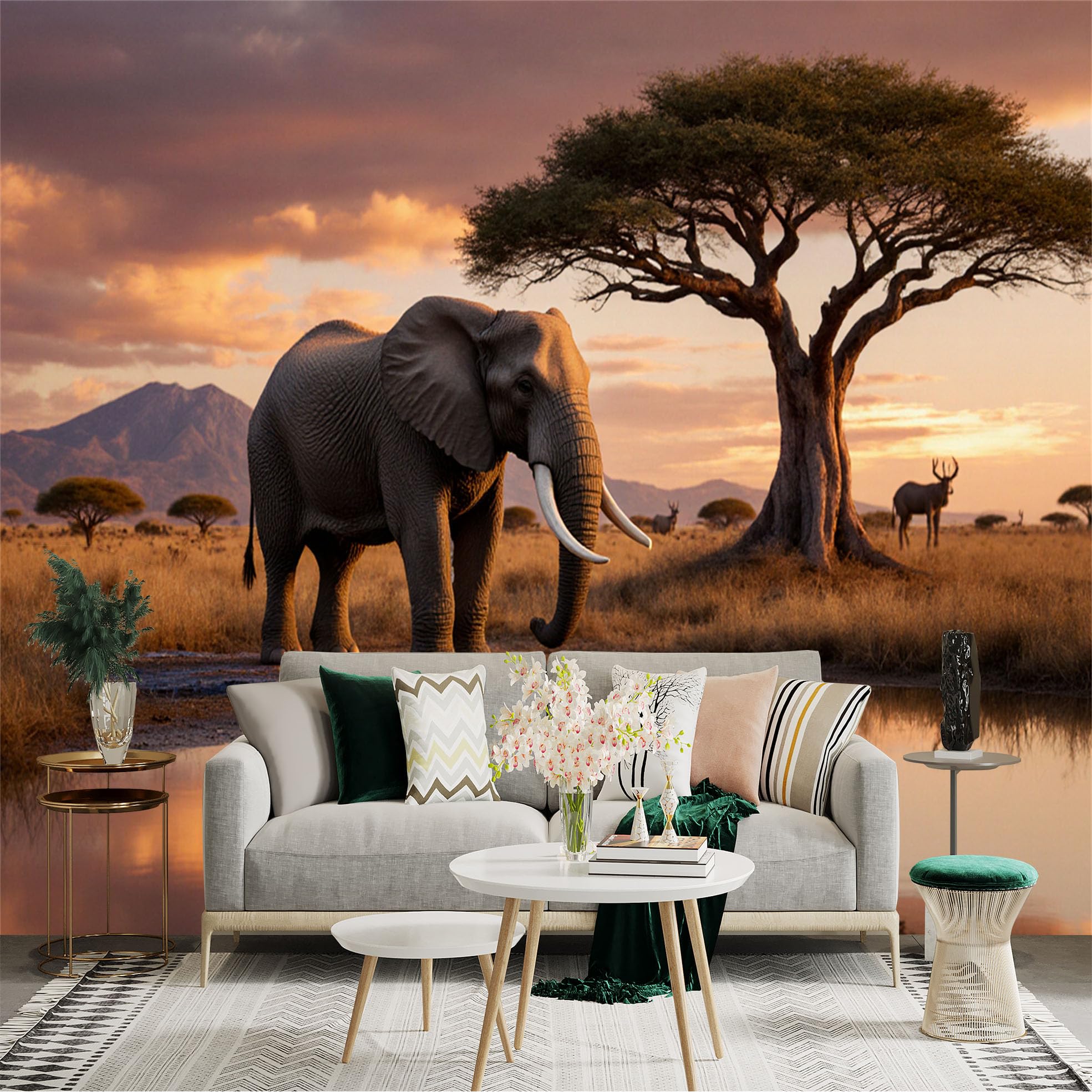 Lnzczhyre Xc260505492 Custom Size Wall Sticker Mural， African Elephant At Sunset， Savanna Wildlife， Nature Landscape， For Wall Decoration， Peelandstick Wall Decals.
