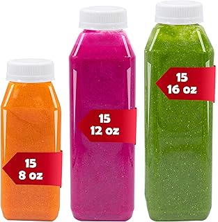 45 Pack of Empty Juice Bottles, Plastic Bottles with Caps,15 of Each 8 oz,12 oz, and 16 oz,45 Reusable Bulk Pack Empty Square Plastic Juice Bottles